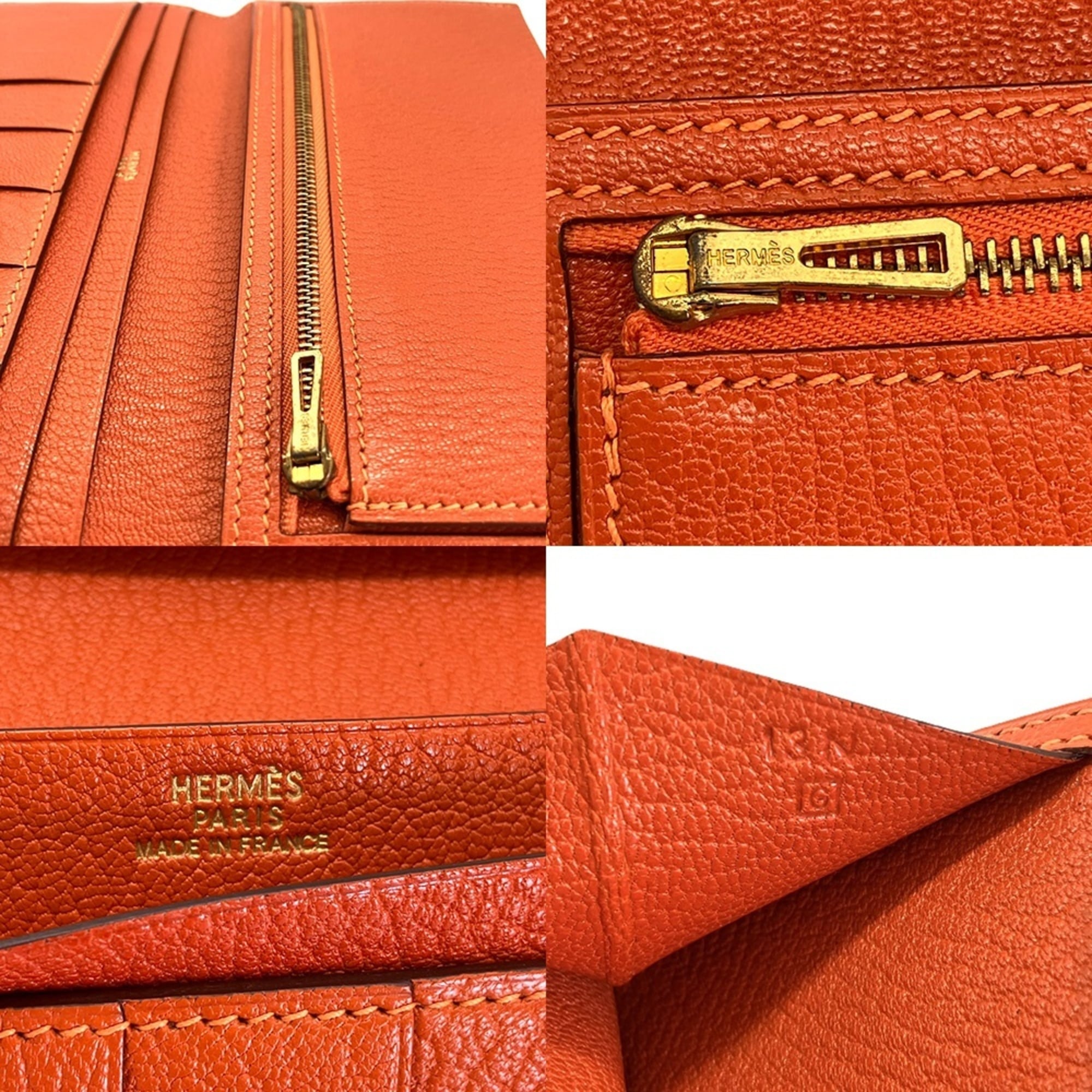 Hermes Bearn Orange Chevre Leather Long Wallet (Bi-Fold) (Pre-Owned)
