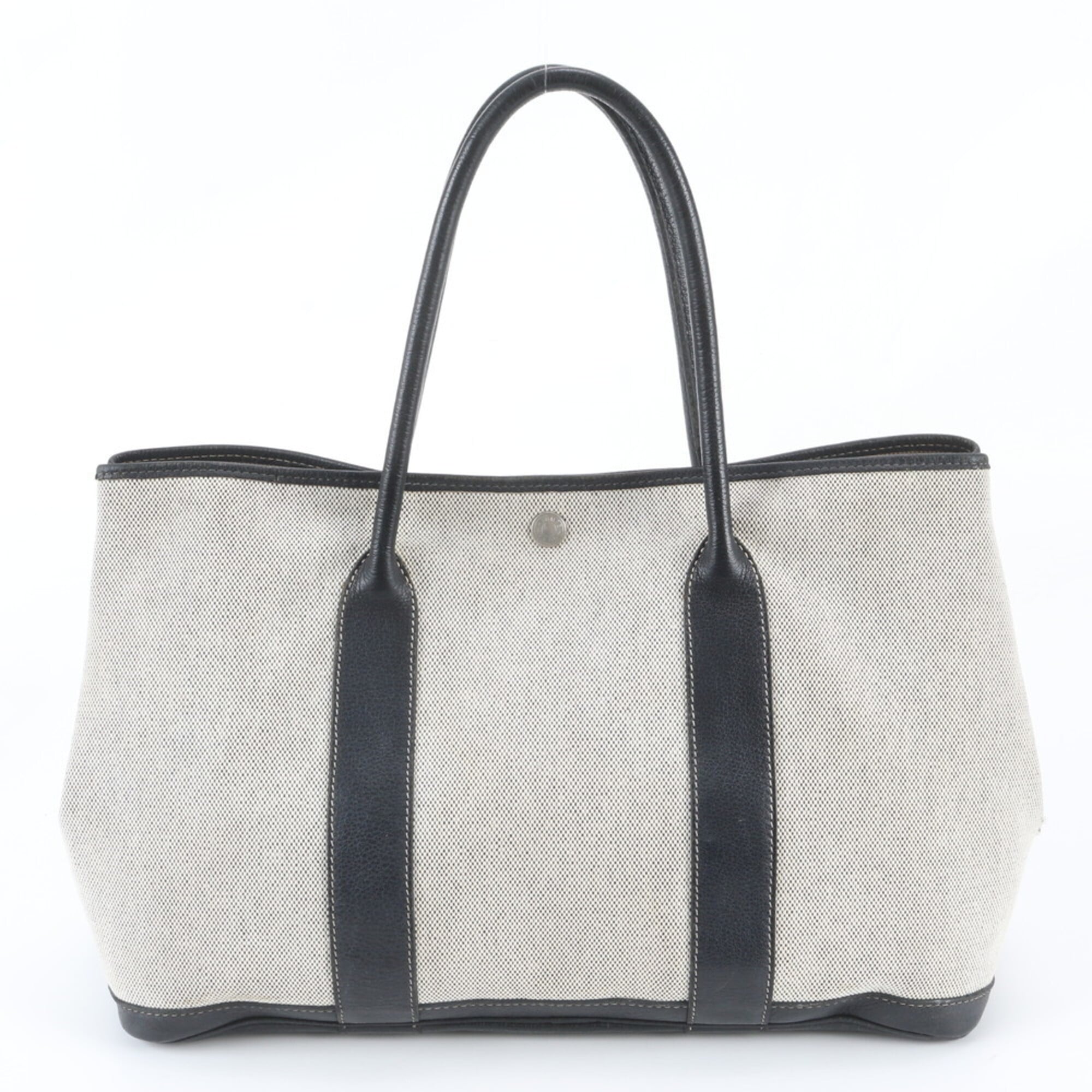 Hermes Beige Black Leather Canvas Handbag Shoulder Bag Tote Bag (Pre-Owned)