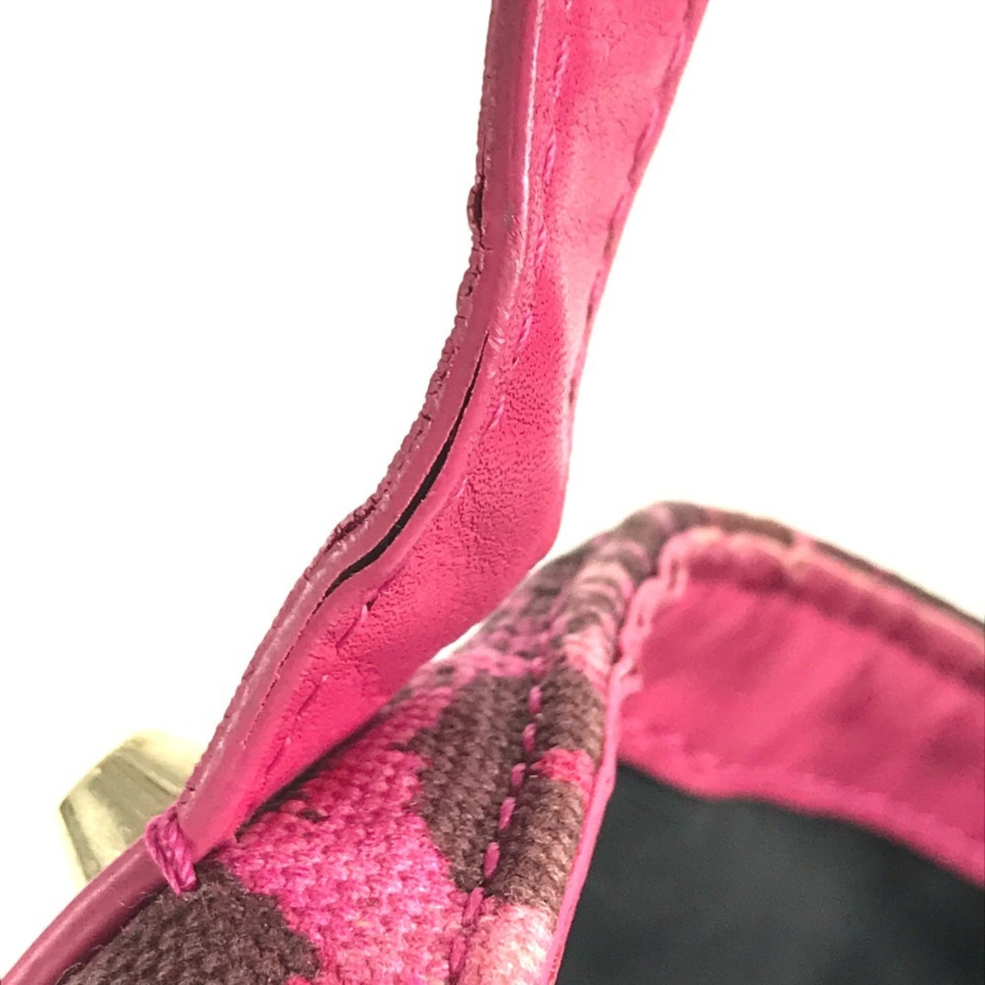 Versace Pink Yellow Leather Canvas Shoulder Bag Tote Bag (Pre-Owned)