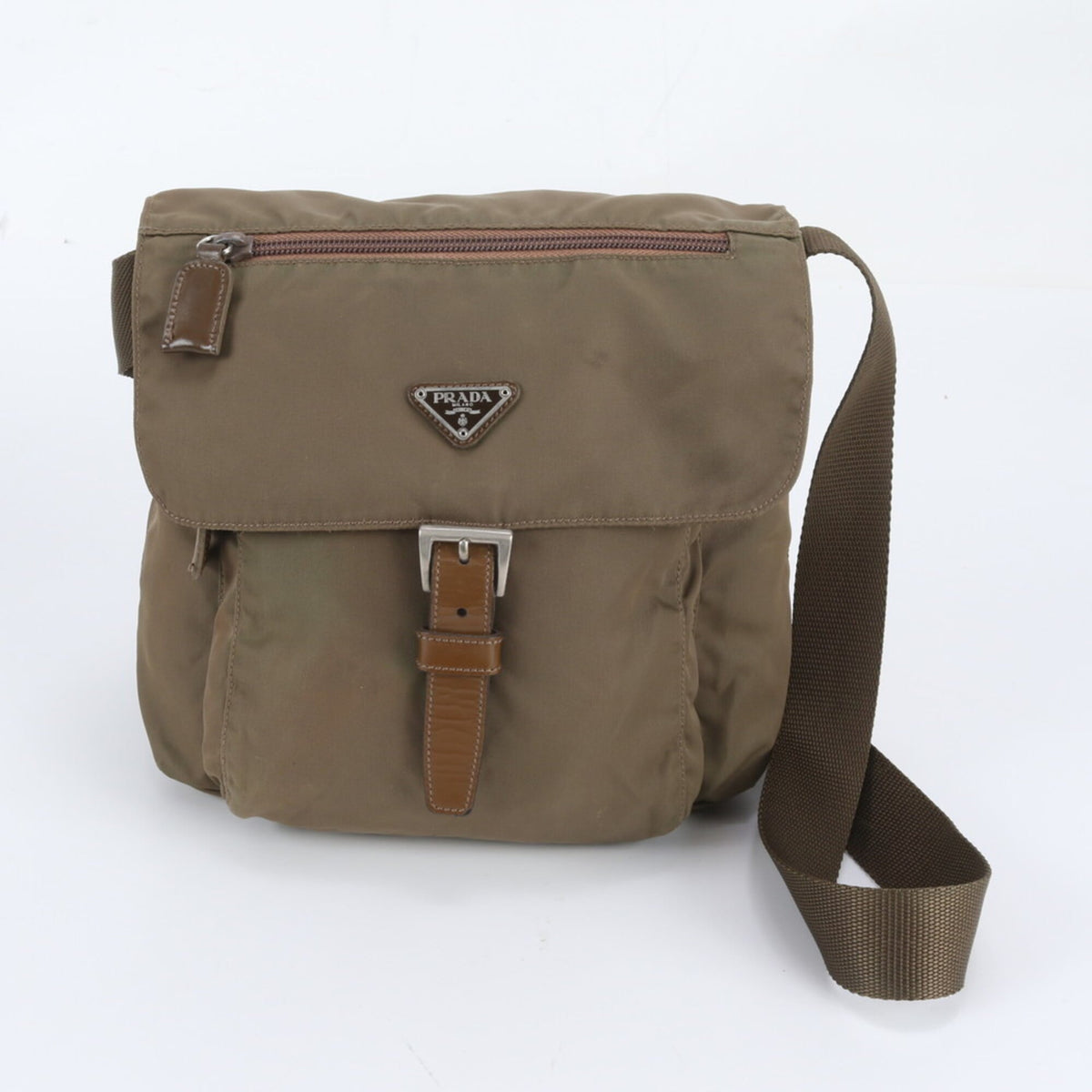 Prada Khaki Leather Nylon Messenger Bag Shoulder Bag (Pre-Owned)