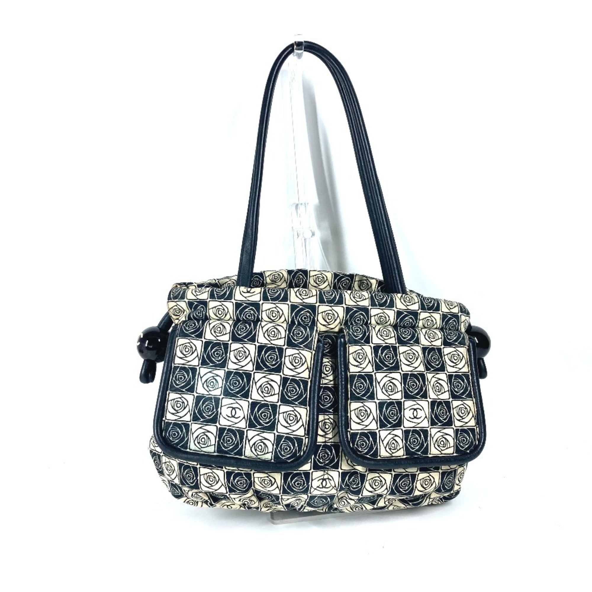 Chanel Beige Black Leather Canvas Shoulder Bag Tote Bag (Pre-Owned)