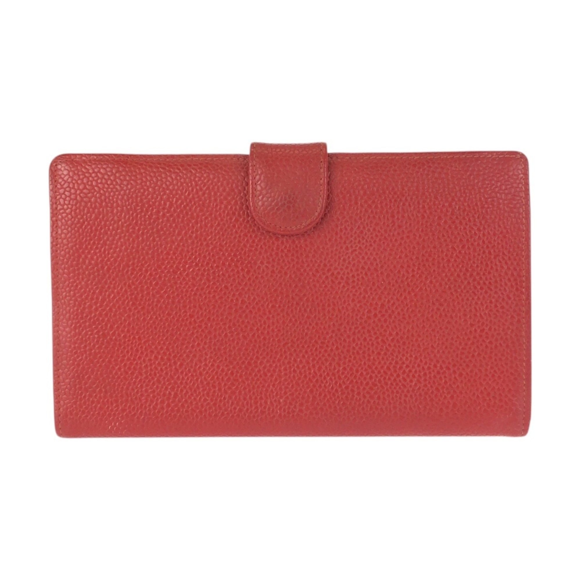 Chanel Red Color Grained Calfskin Middle Wallet (Bi-Fold) (Pre-Owned)
