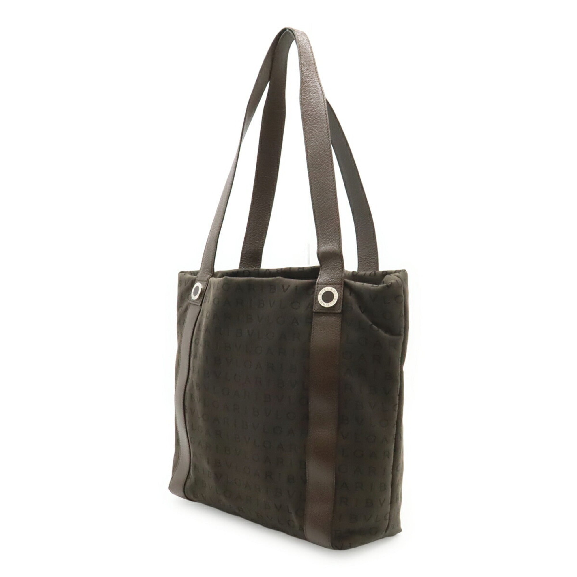 Bvlgari Logomania Dark Brown Canvas Leather Handbag Shoulder Bag Tote Bag (Pre-Owned)