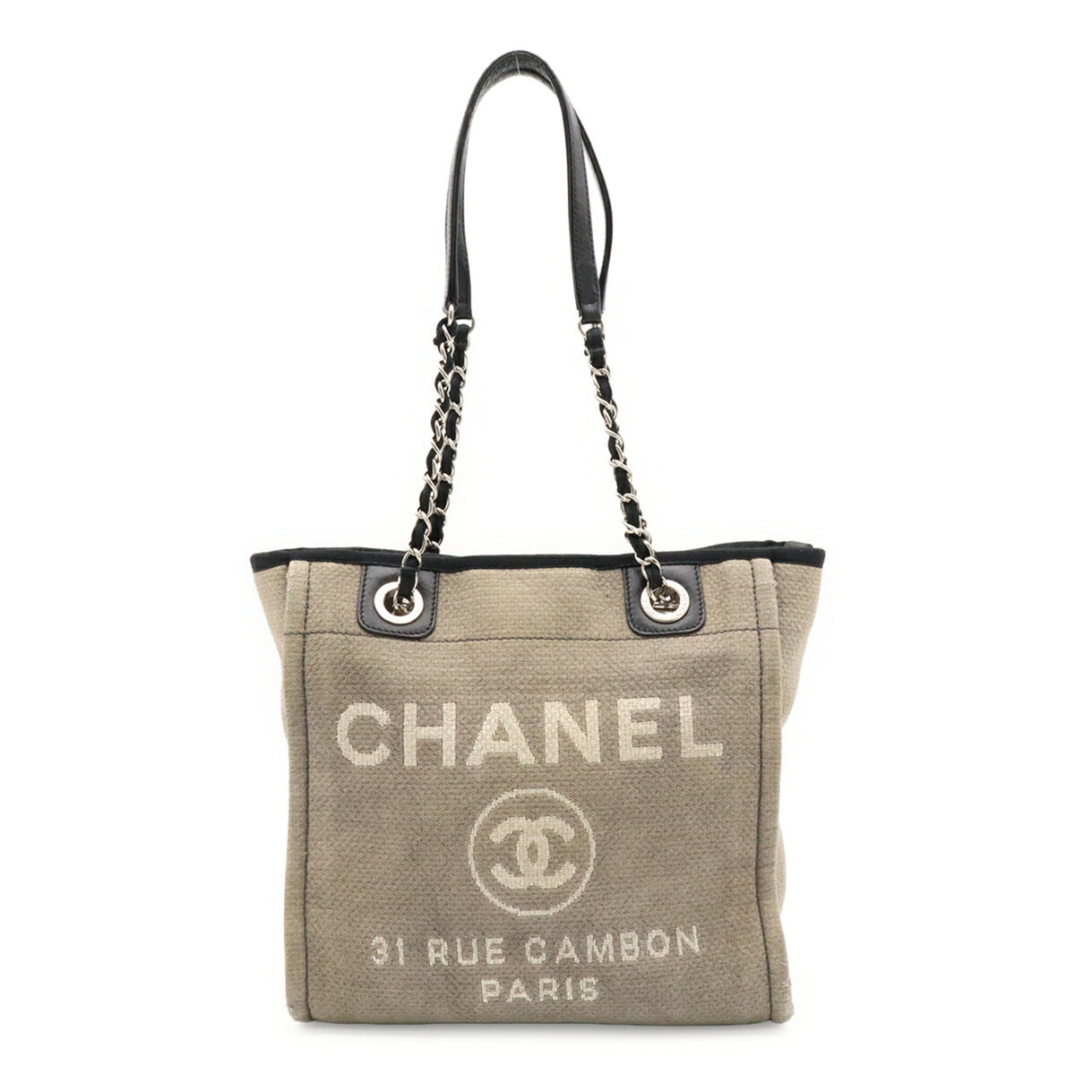 Chanel Black Gray Canvas Leather Shoulder Bag Tote Bag (Pre-Owned)
