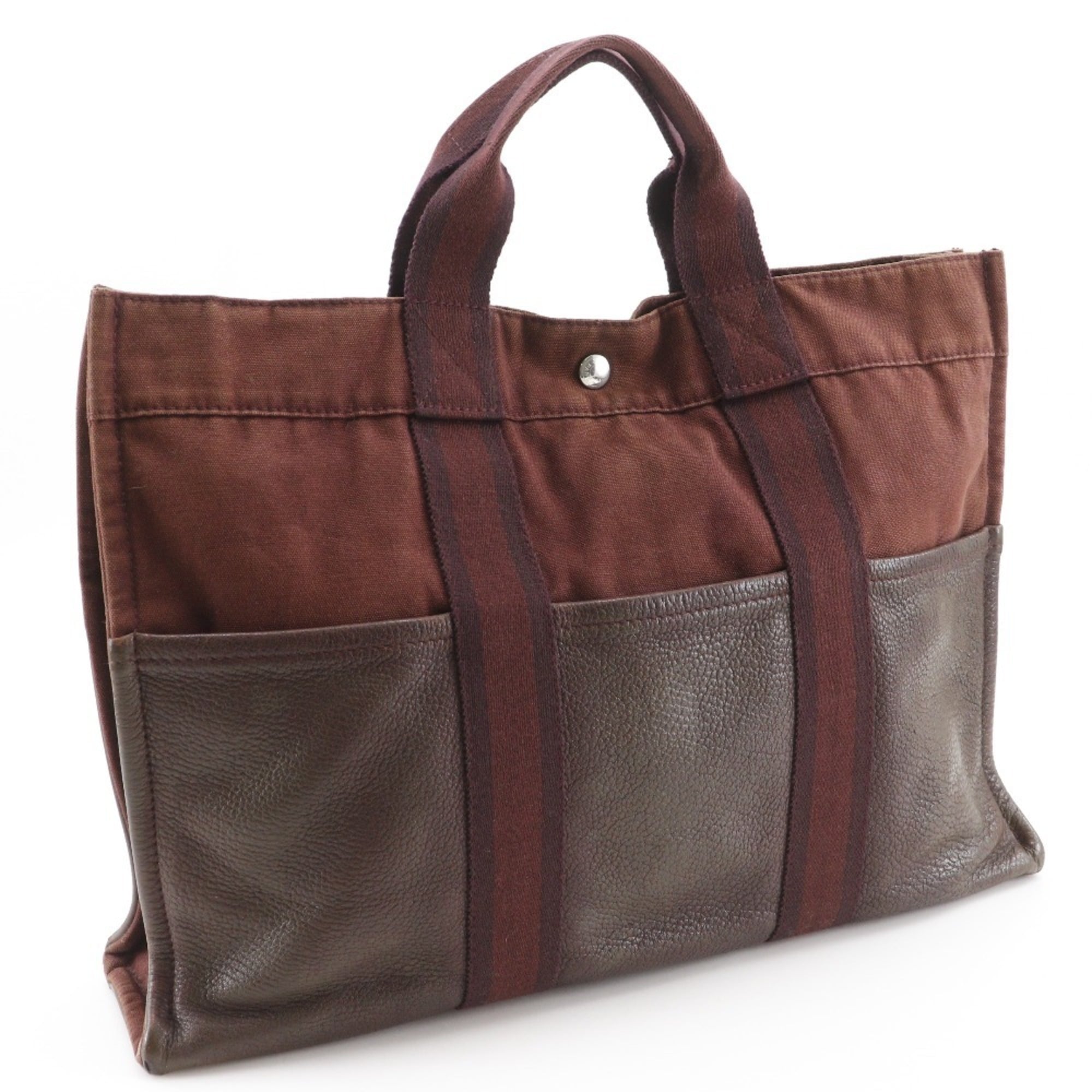 Hermes Brown Cotton Canvas Leather Handbag (Pre-Owned)
