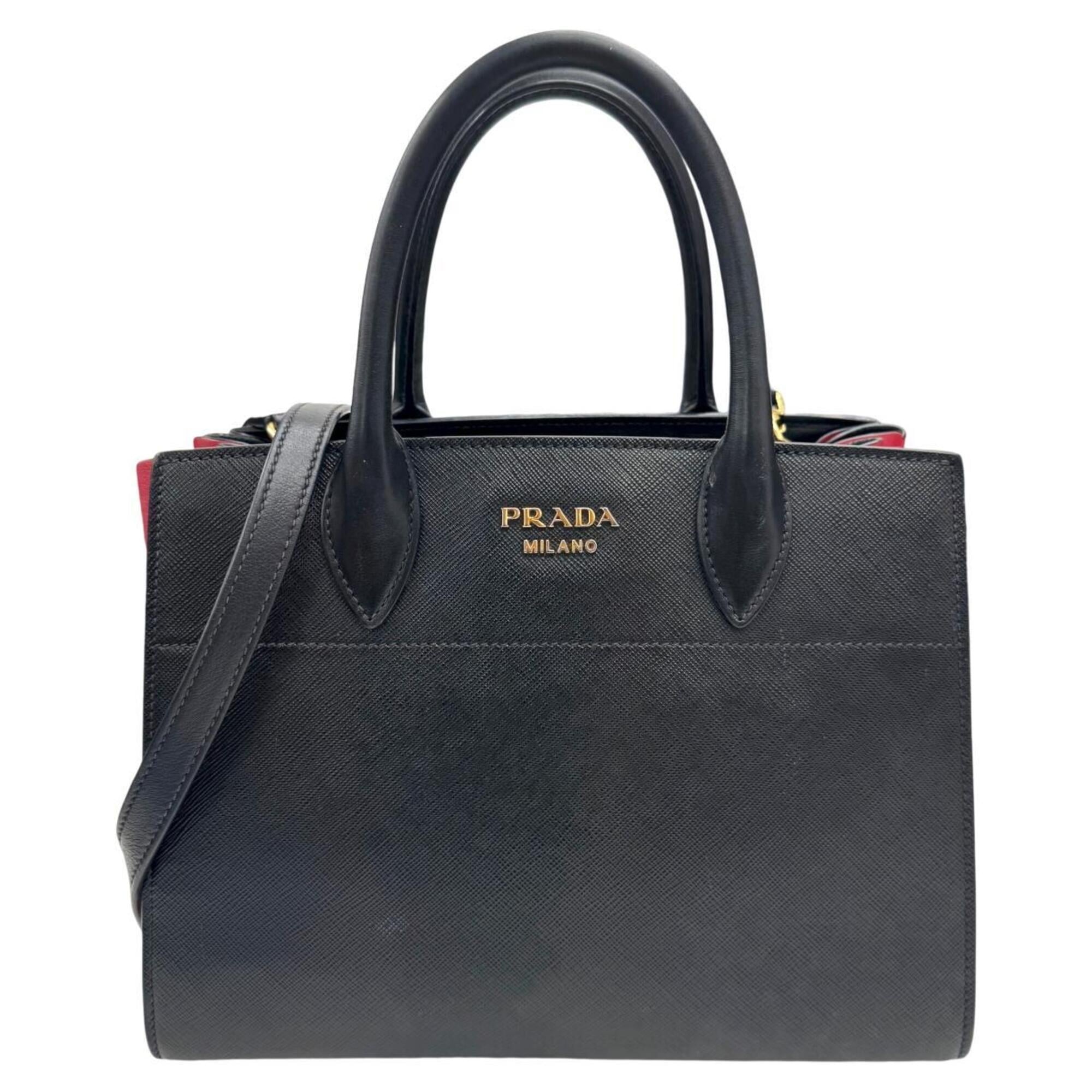 Prada Saffiano Black Red Color Leather Handbag Shoulder Bag (Pre-Owned)