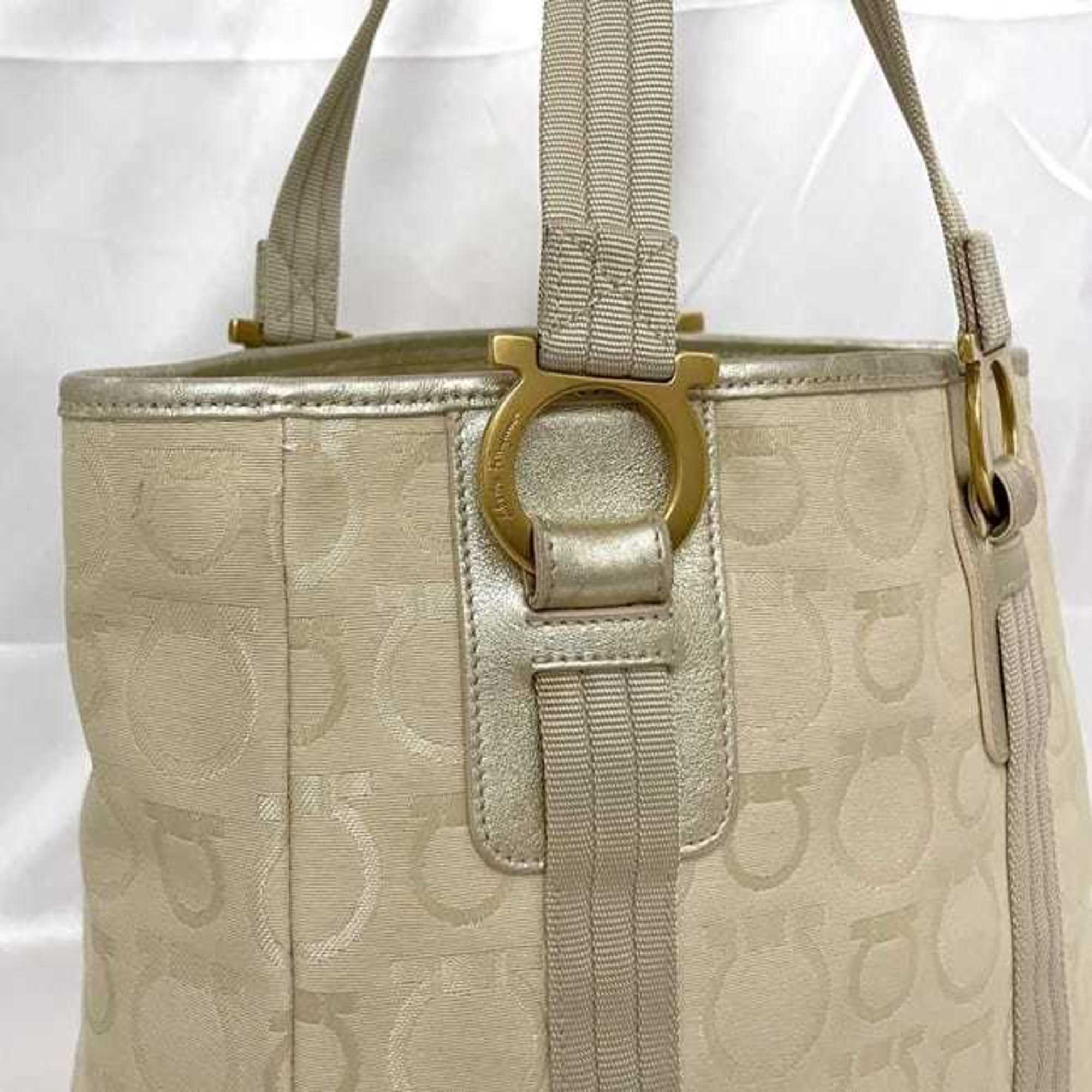 Salvatore Ferragamo Beige Canvas Leather Tote Bag (Pre-Owned)