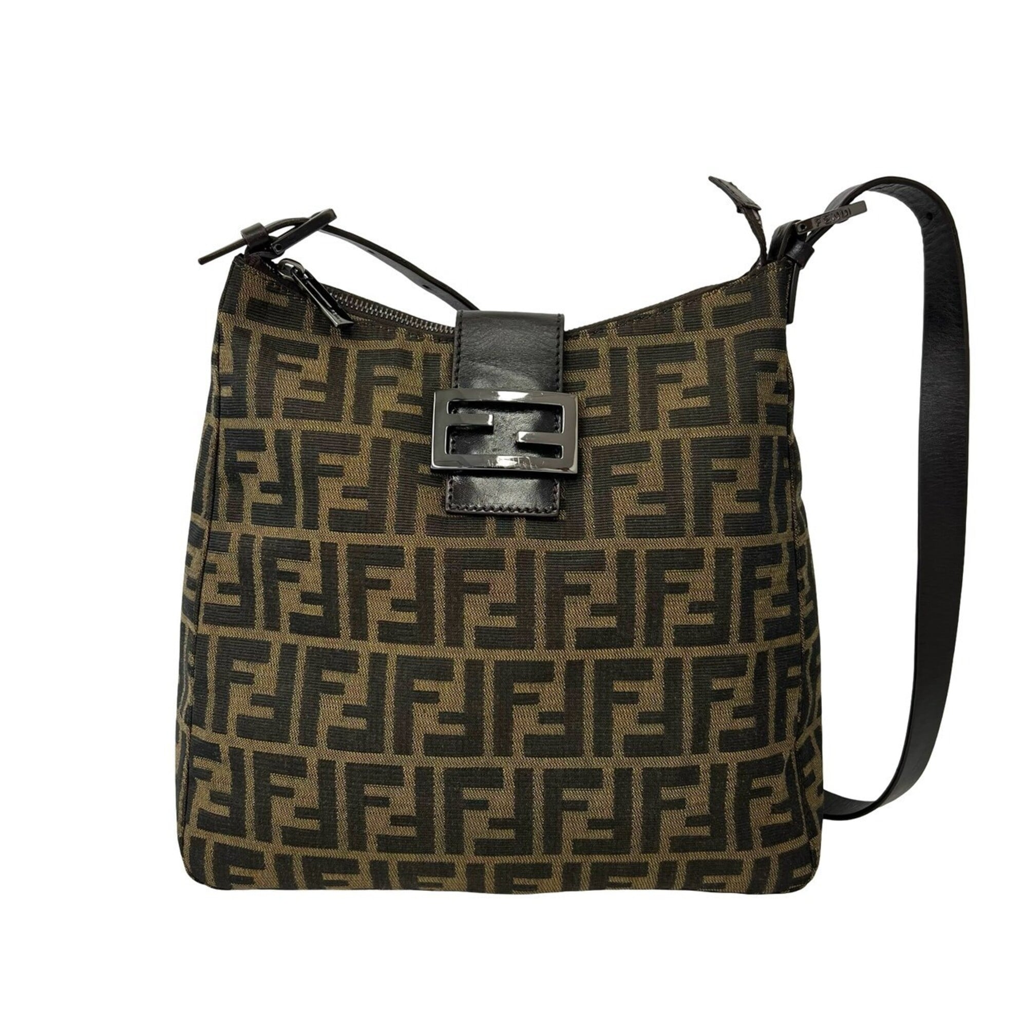 Fendi Black Brown Canvas Leather Shoulder Bag Tote Bag (Pre-Owned)