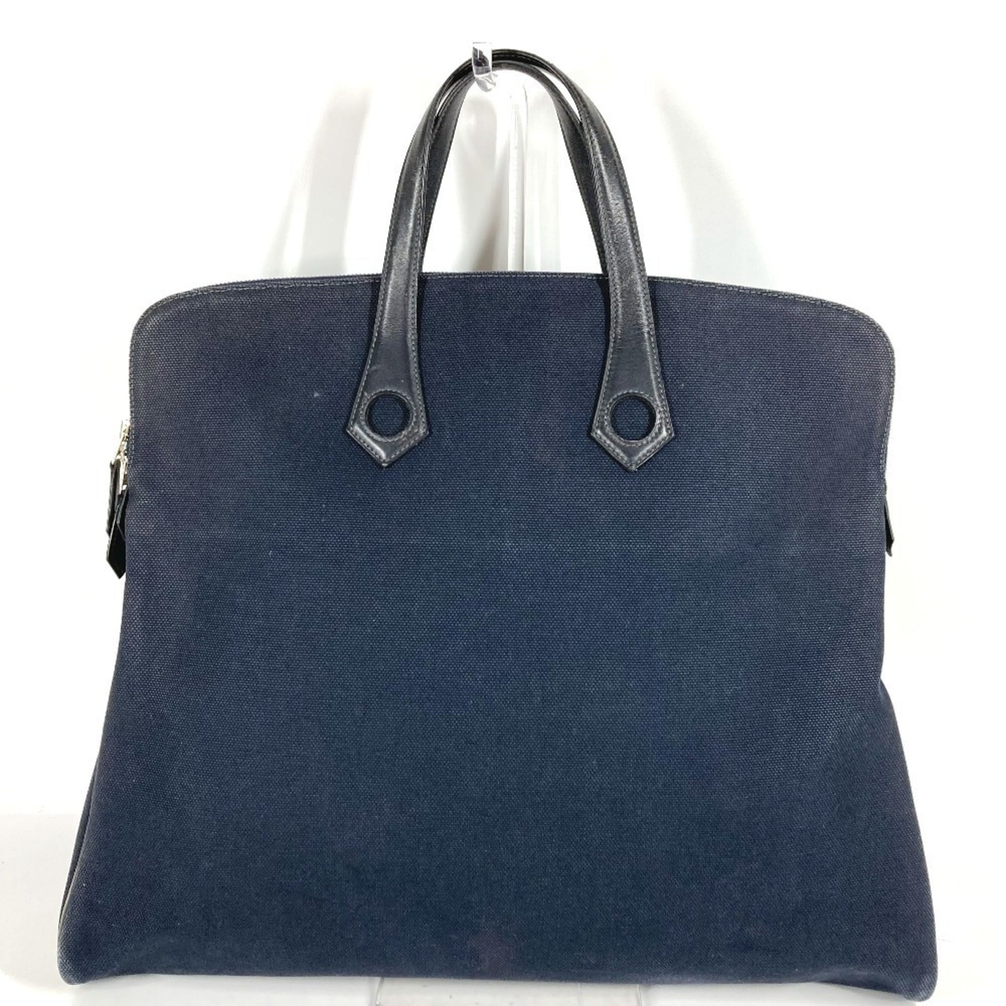 Hermes Black Navy Canvas Leather Boston Bag Handbag Tote Bag (Pre-Owned)