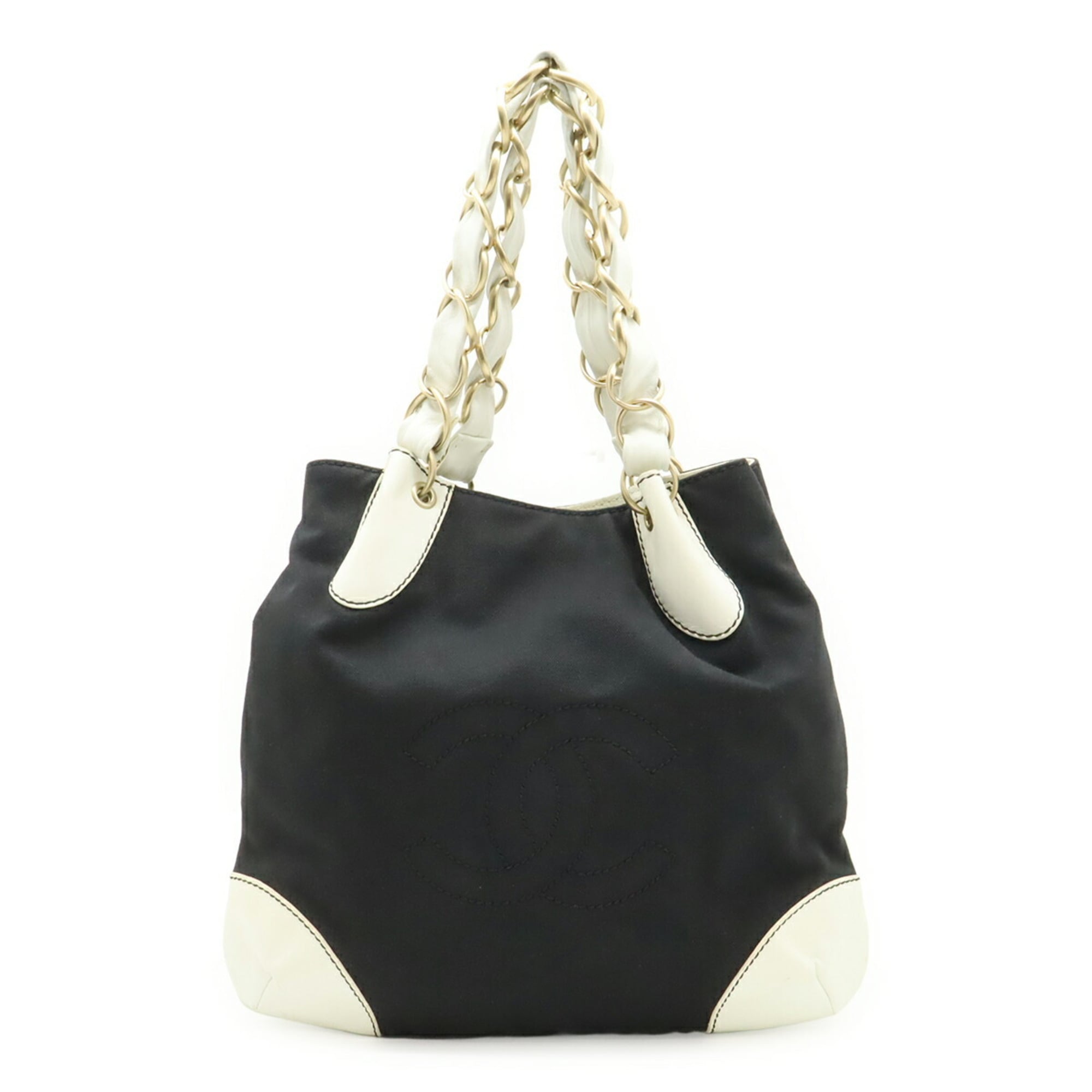 Chanel Black White Canvas Leather Handbag Shoulder Bag Tote Bag (Pre-Owned)