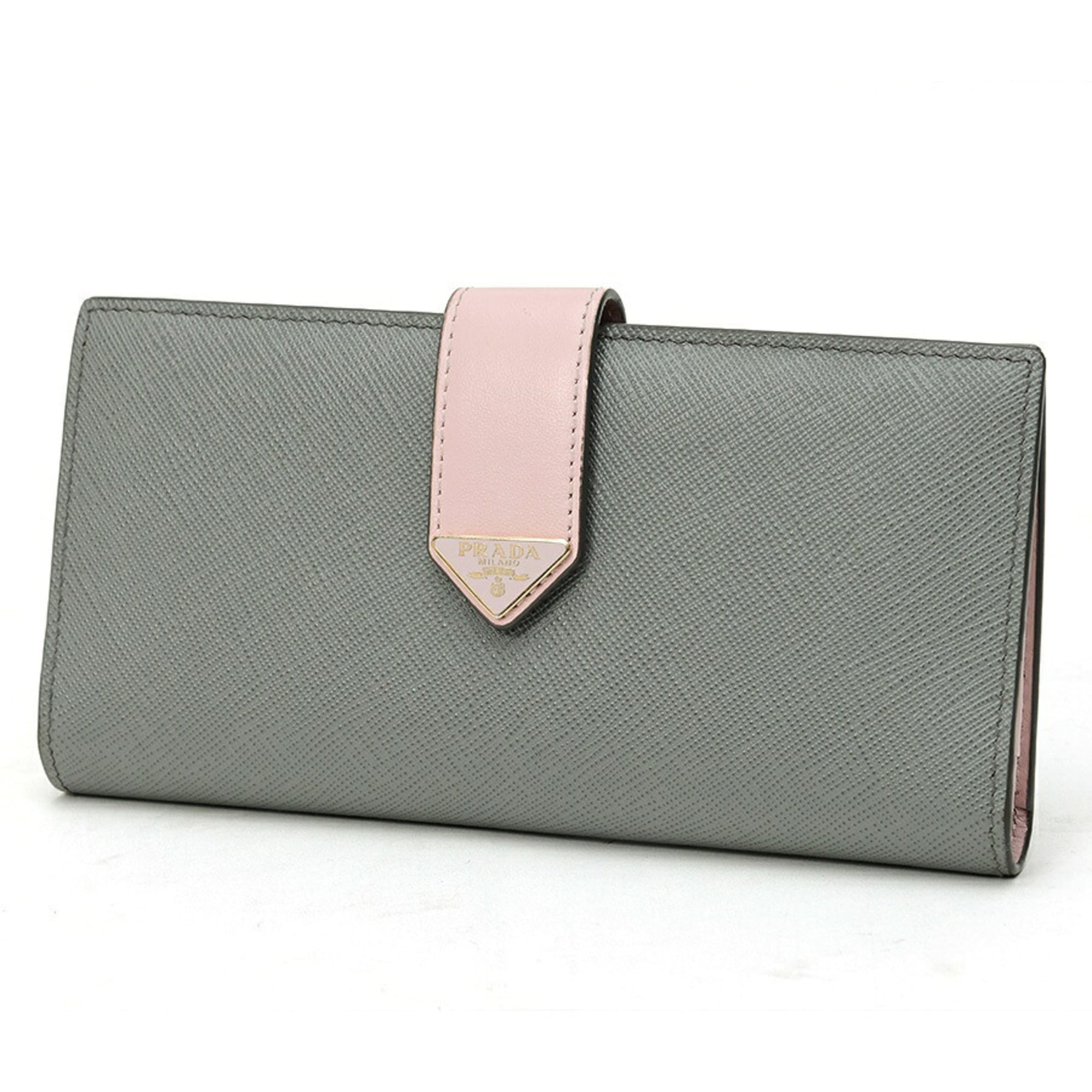 Prada Gray Pink Saffiano Triangle Leather Long Wallet (Bi-Fold) (Pre-Owned)