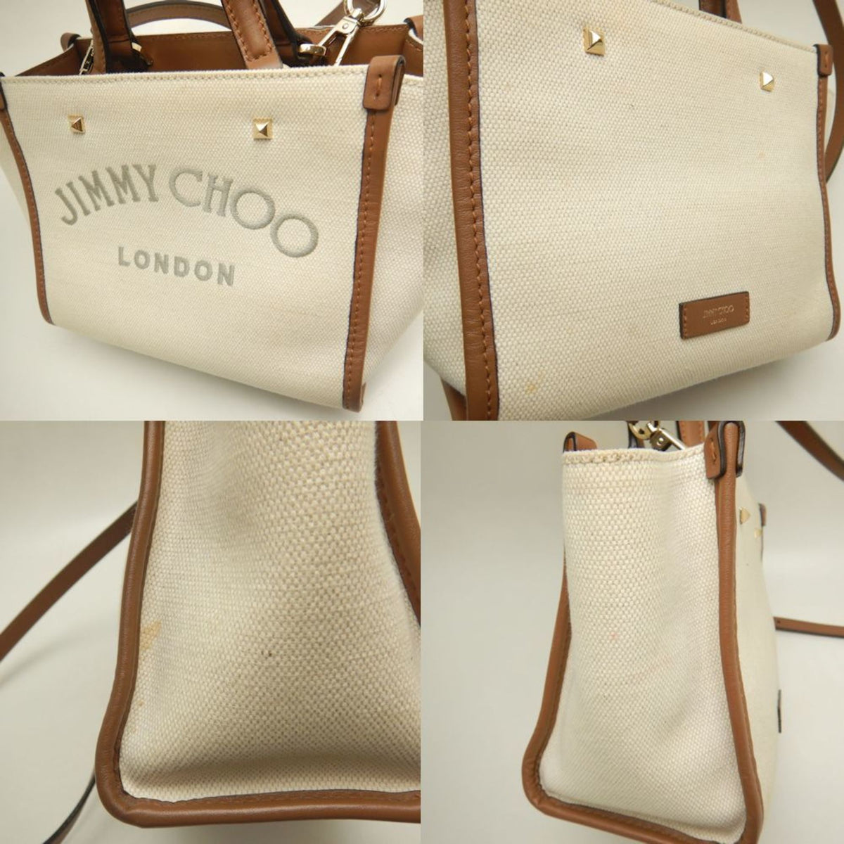 Jimmy Choo Brown Ivory Cotton Canvas Leather Tote Bag (Pre-Owned)