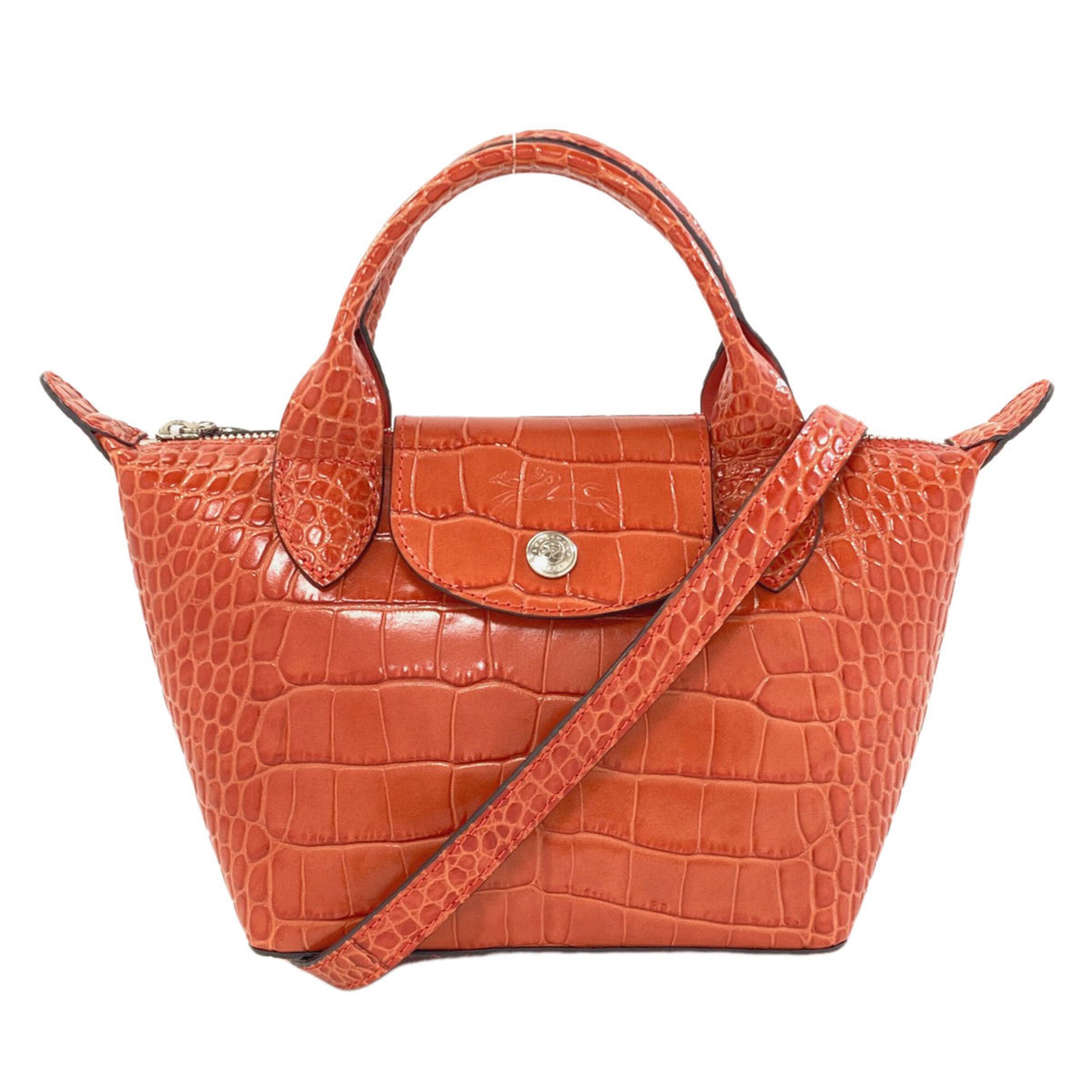 Longchamp Le Pliage Brown Orange Leather Handbag (Pre-Owned)