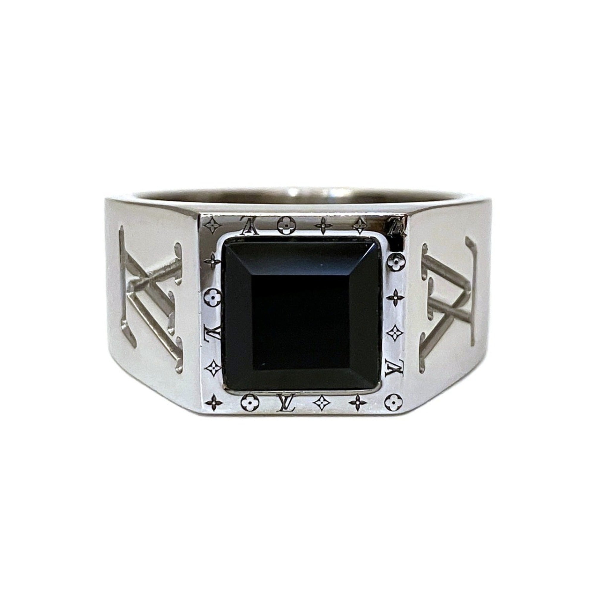 Louis Vuitton Silver Black Monogram Band Ring (Pre-Owned)