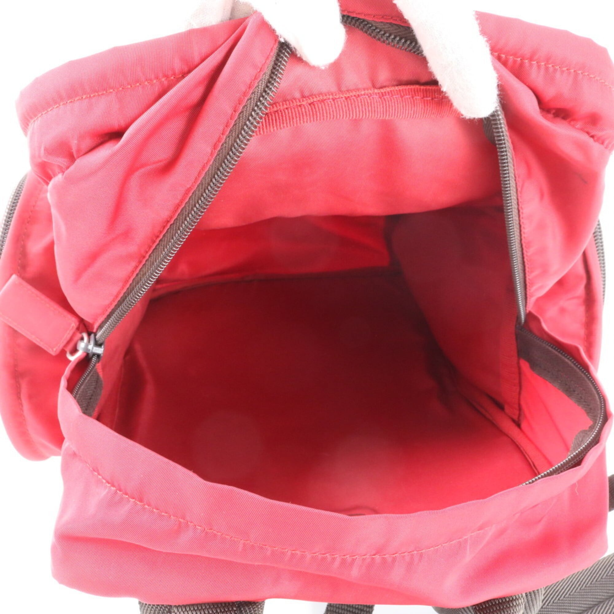 Prada Brown Red Color Nylon Leather Backpack Handbag (Pre-Owned)