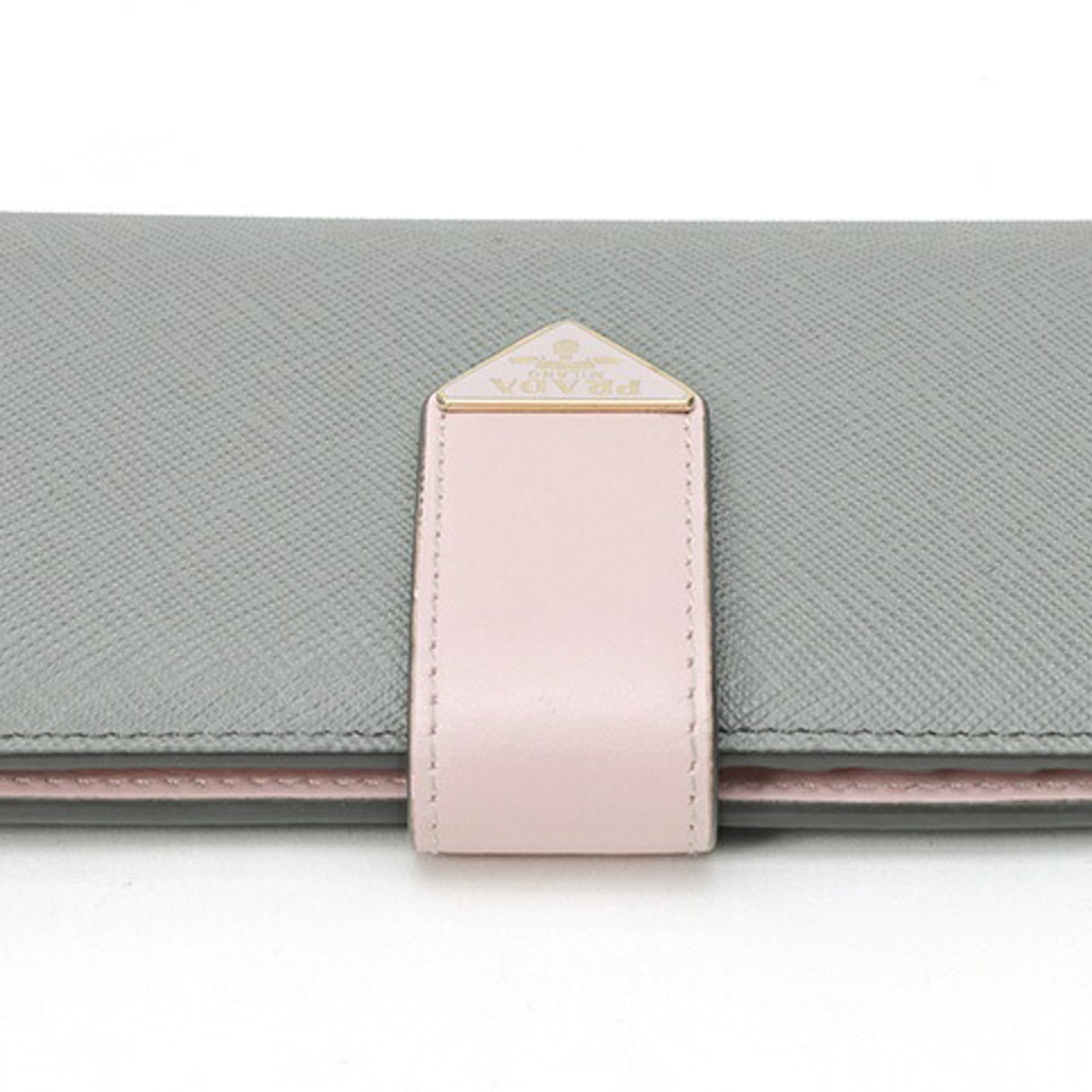 Prada Gray Pink Saffiano Triangle Leather Long Wallet (Bi-Fold) (Pre-Owned)