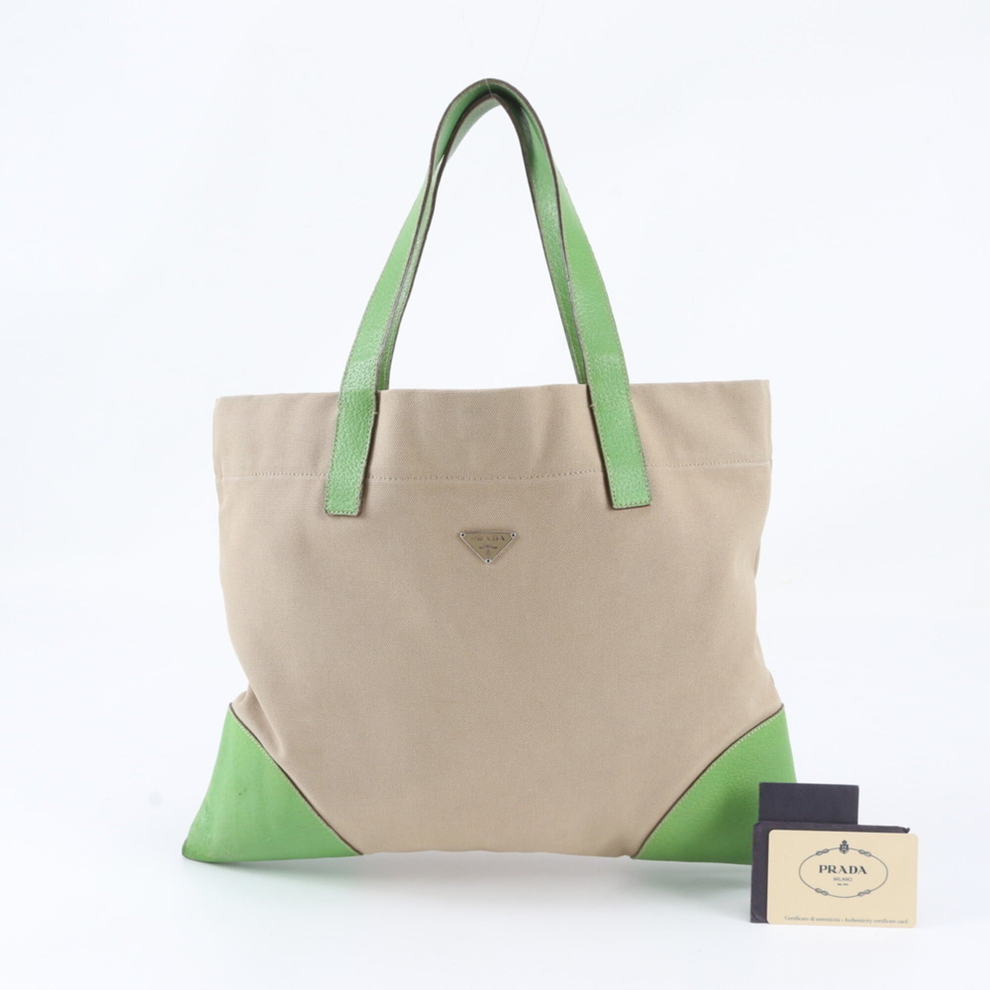 Prada Beige Green Canvas Leather Handbag Tote Bag (Pre-Owned)