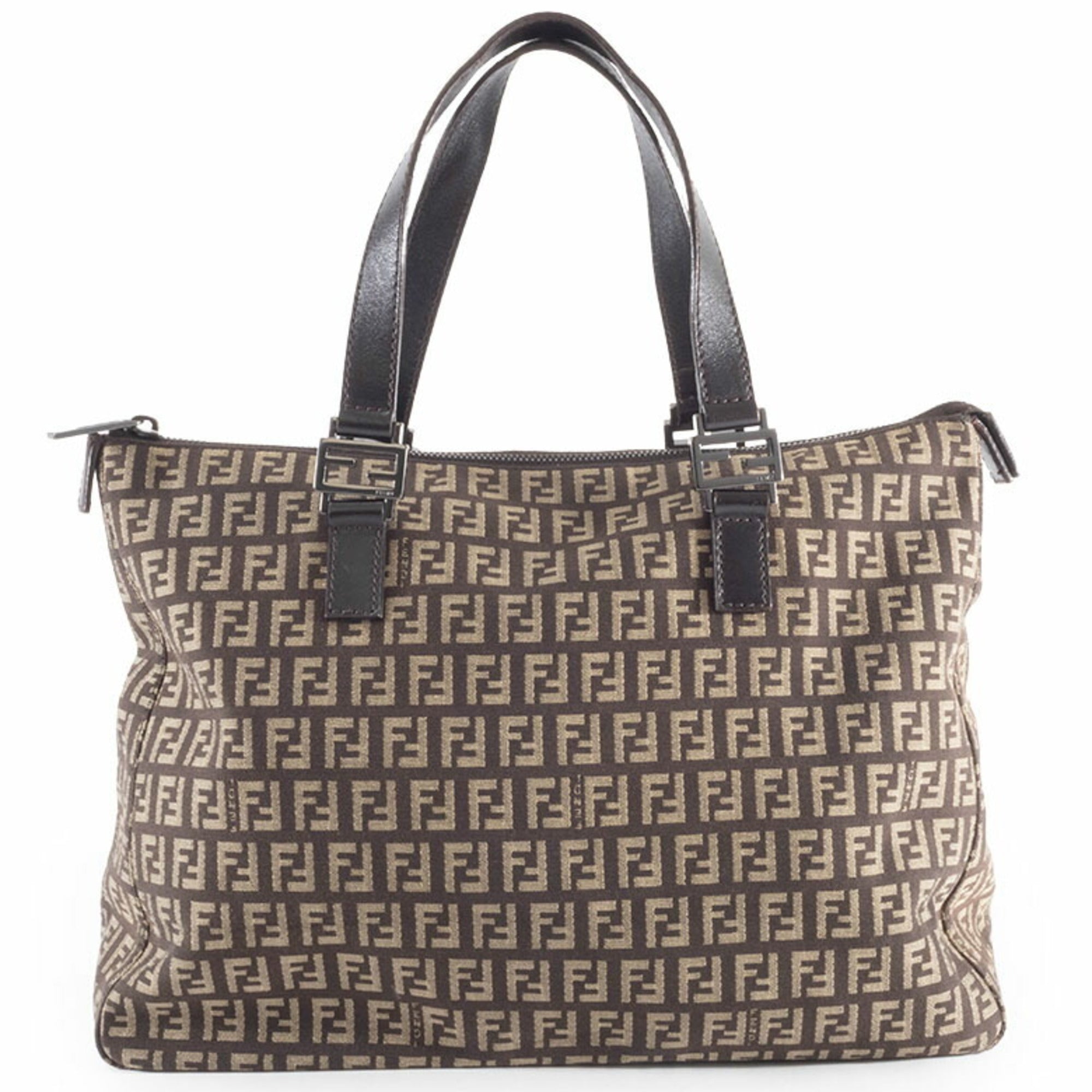 Fendi Zucchino Beige Brown Zucchino Canvas Leather Tote Bag (Pre-Owned)