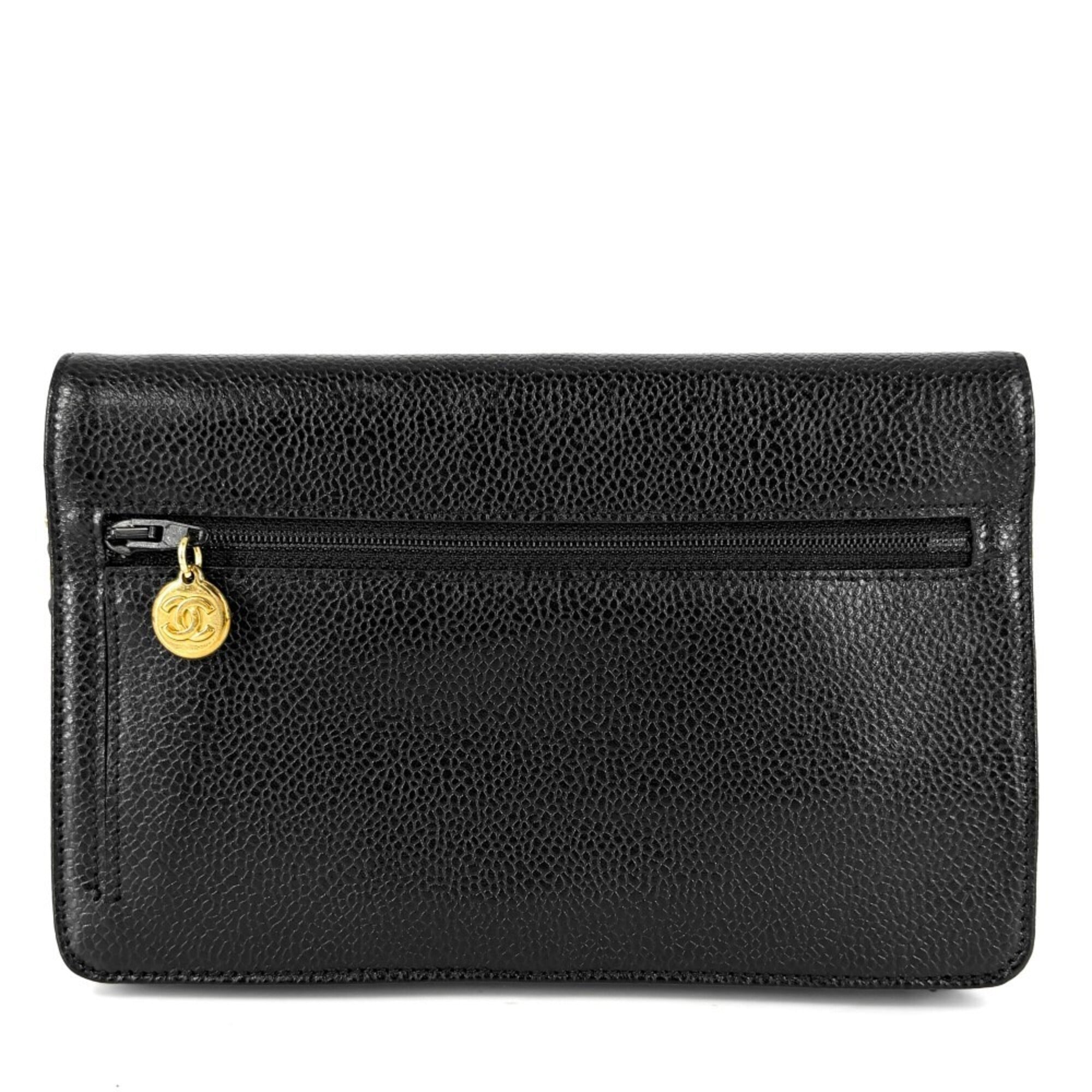 Chanel Black White Grained Calfskin Chain/Shoulder Wallet (Pre-Owned)