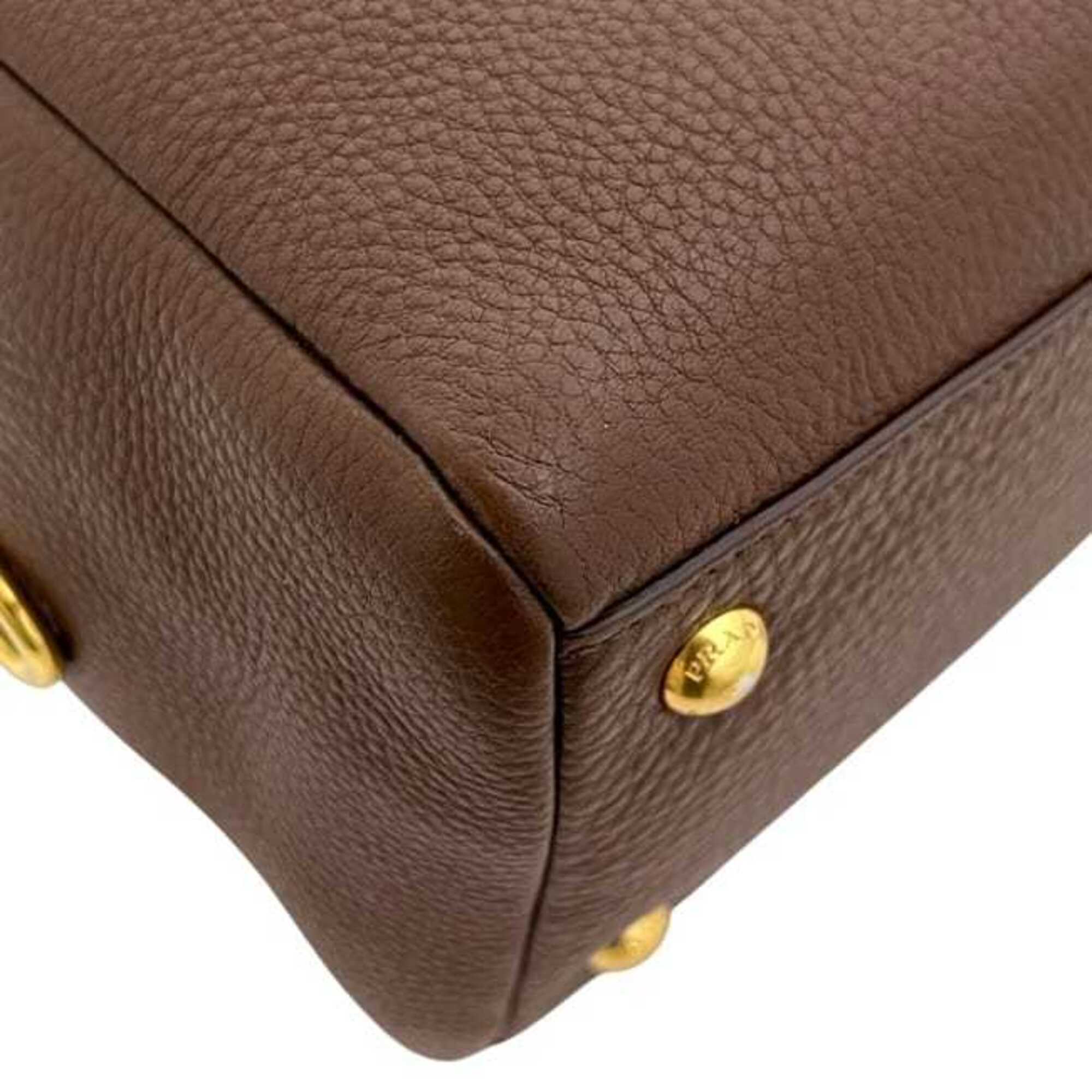 Prada Brown Leather Boston Bag Handbag (Pre-Owned)