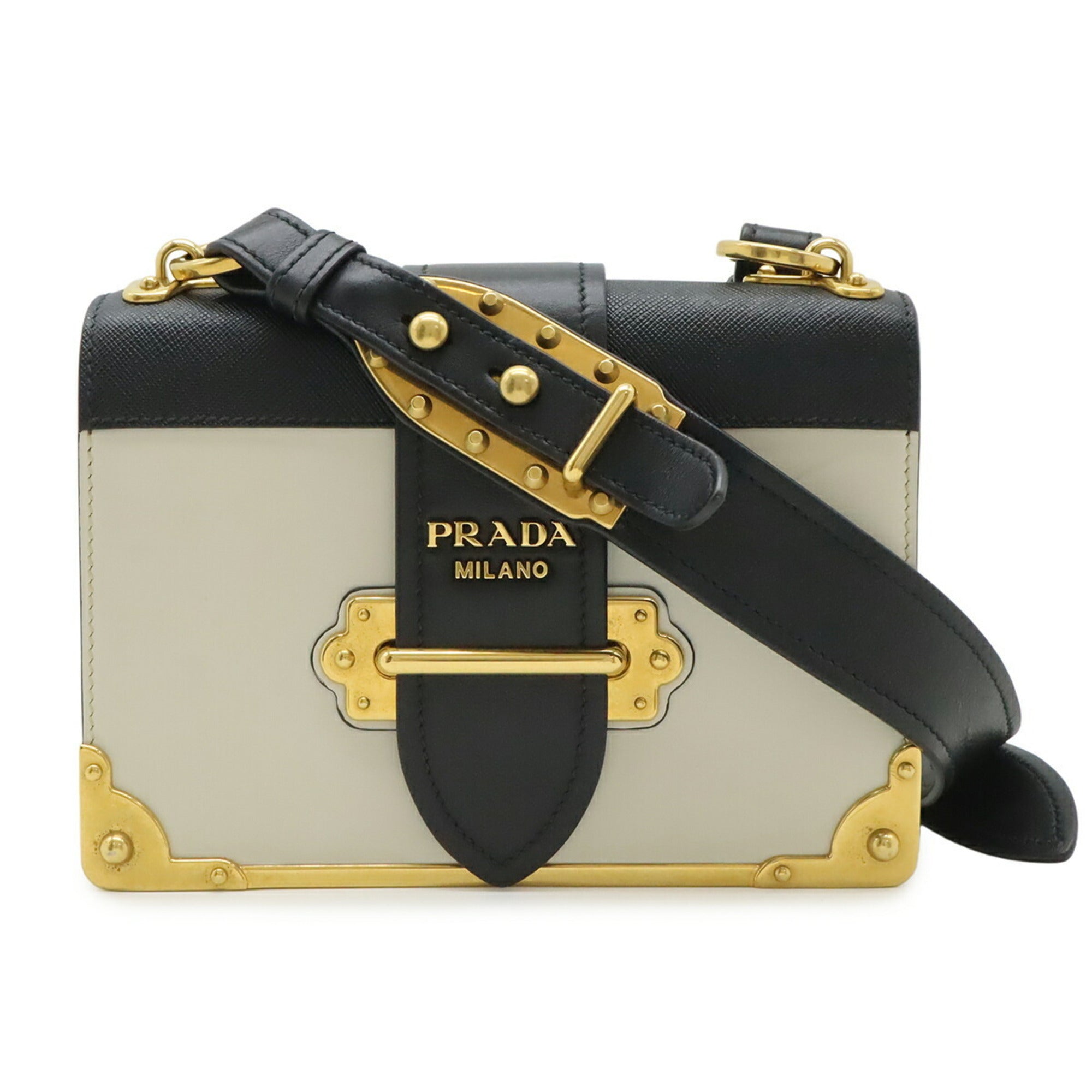 Prada Beige Black Nero Talco Leather Pochette Shoulder Bag (Pre-Owned)