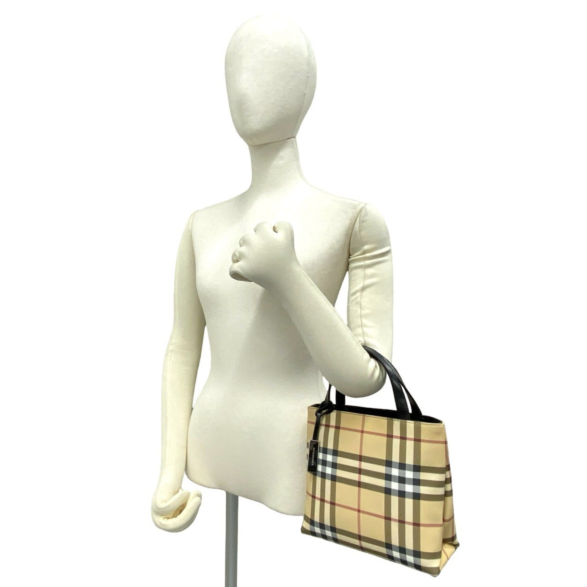 Burberry Beige Black Canvas Leather Handbag Tote Bag (Pre-Owned)
