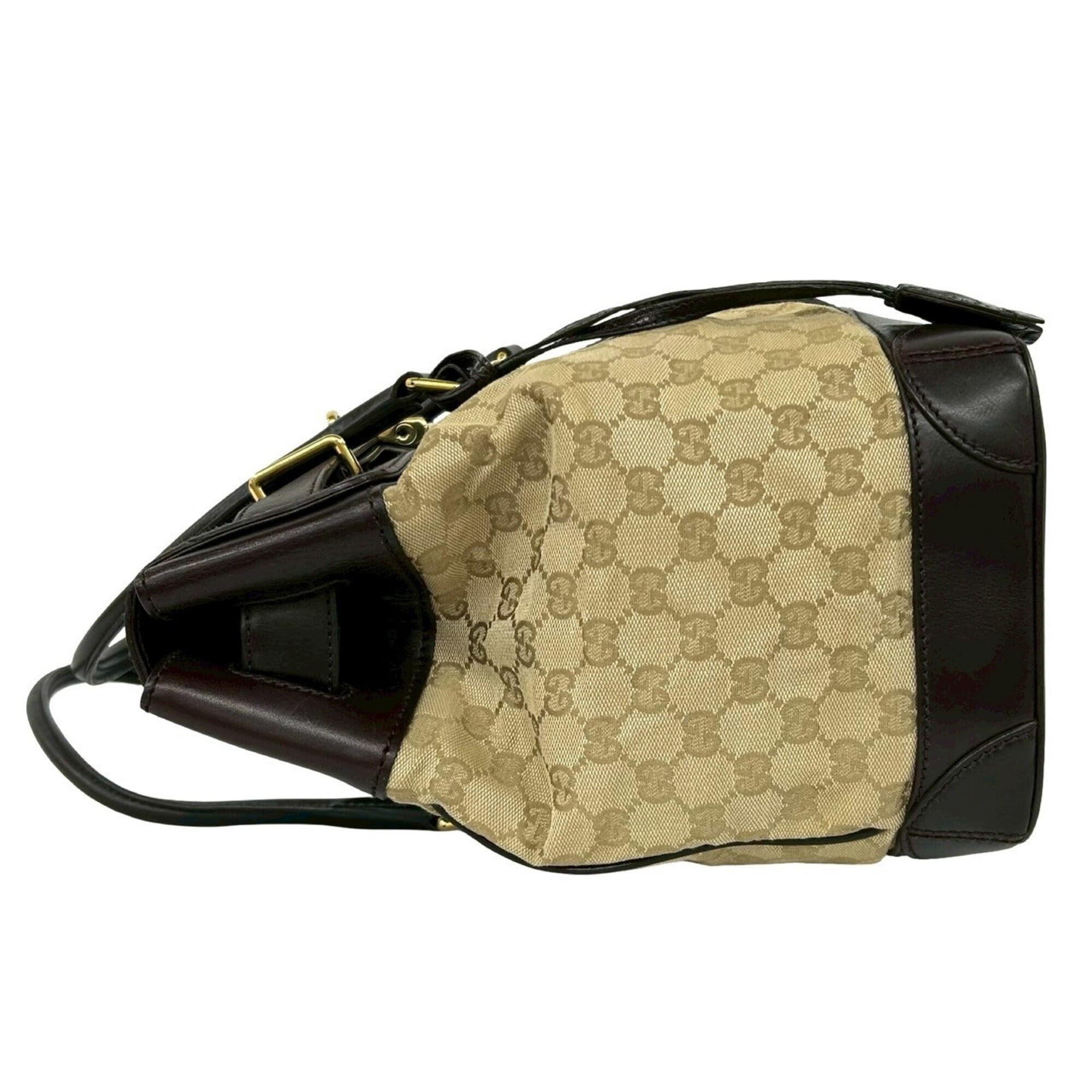Gucci Beige Brown Canvas Leather Boston Bag Handbag Tote Bag (Pre-Owned)