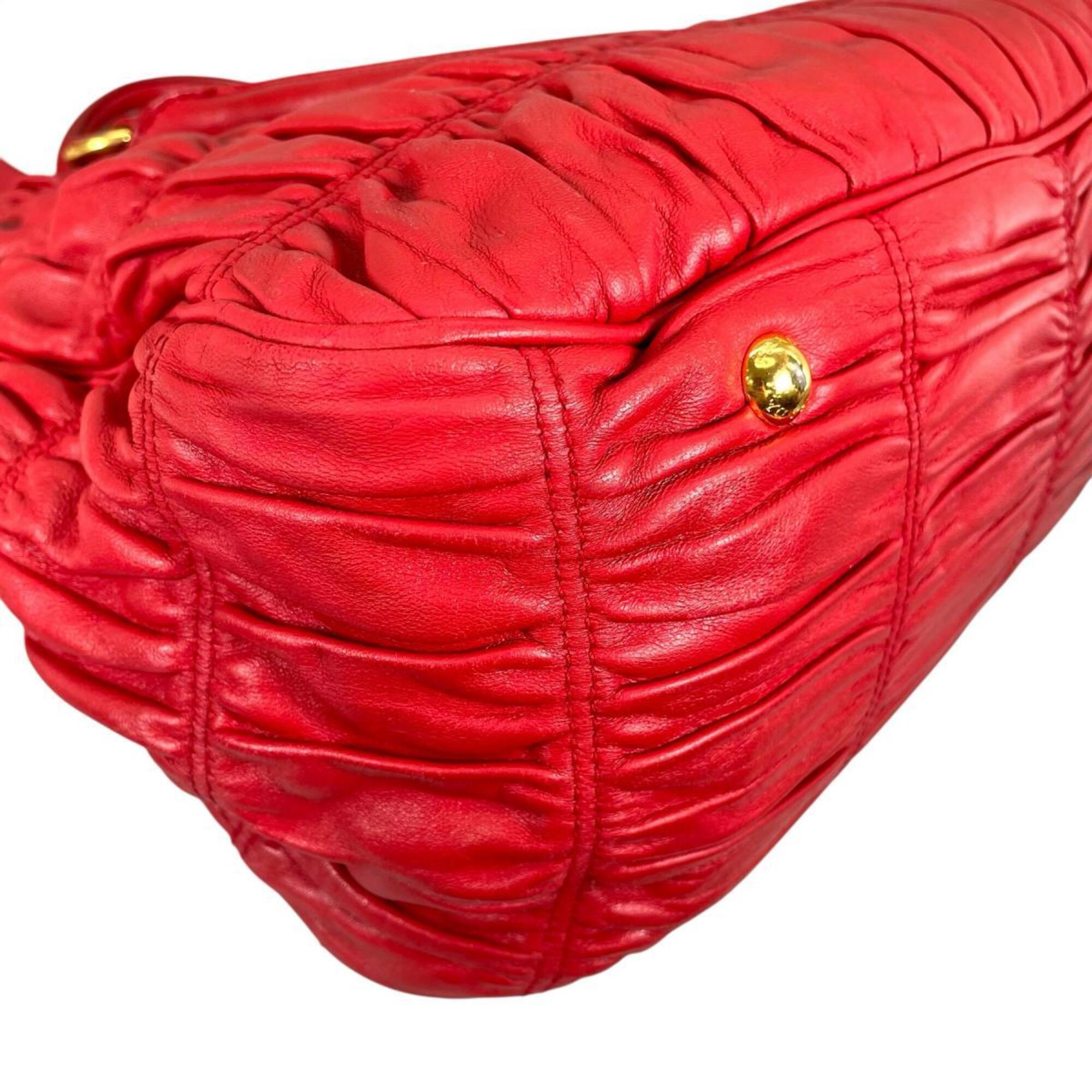 Prada Red Color Nappa Leather Shoulder Bag Tote Bag (Pre-Owned)
