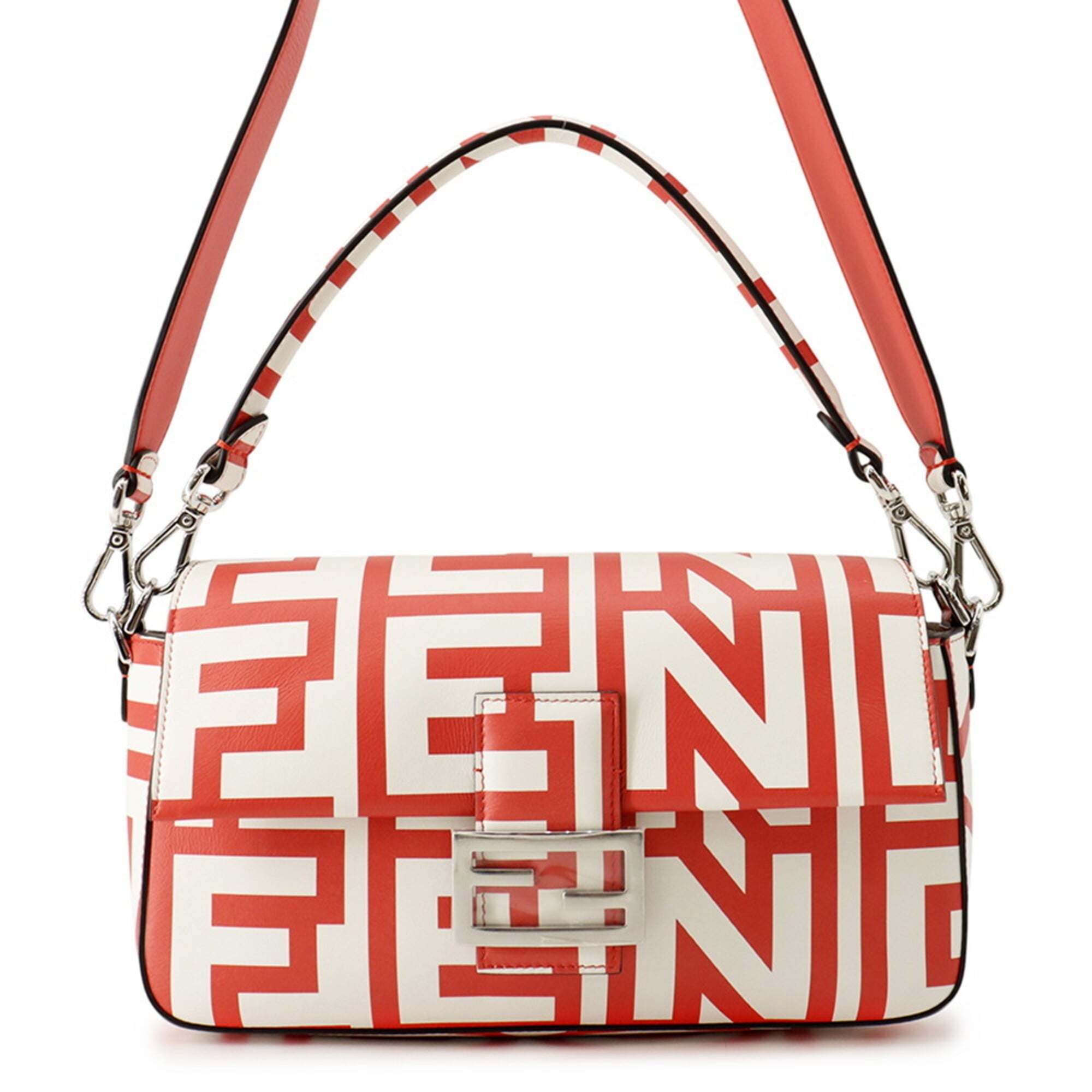 Fendi Baguette Red Color White Leather Handbag (Pre-Owned)