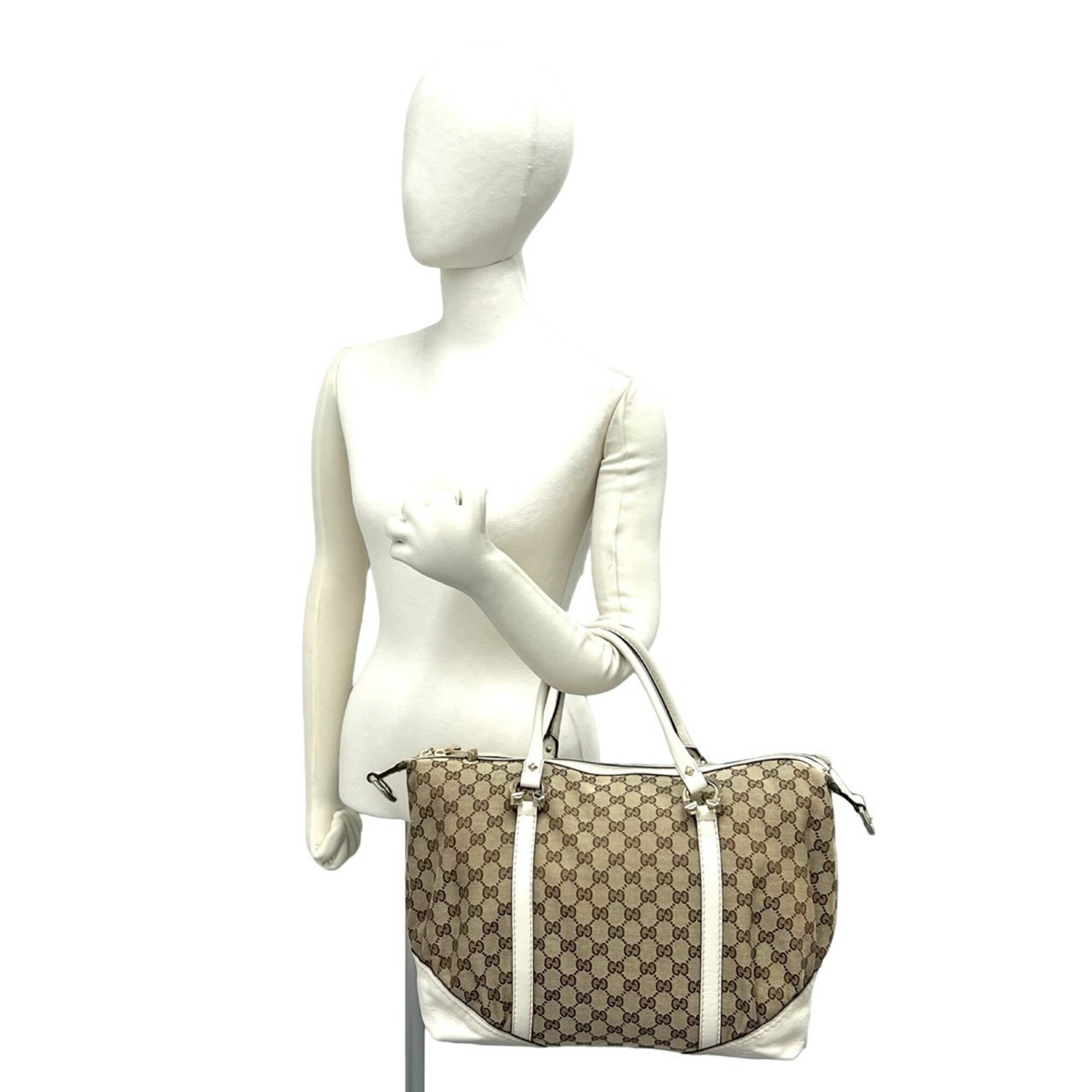 Gucci Brown White Canvas Leather Boston Bag Handbag (Pre-Owned)