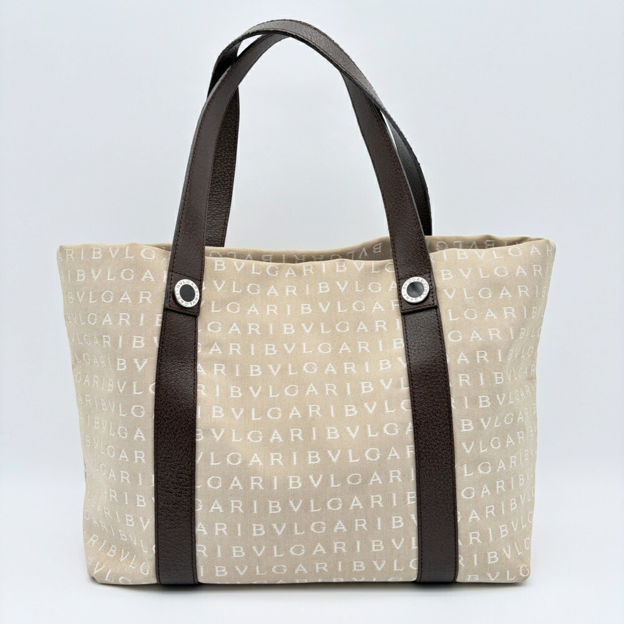 Bvlgari Beige Brown Canvas Leather Tote Bag (Pre-Owned)