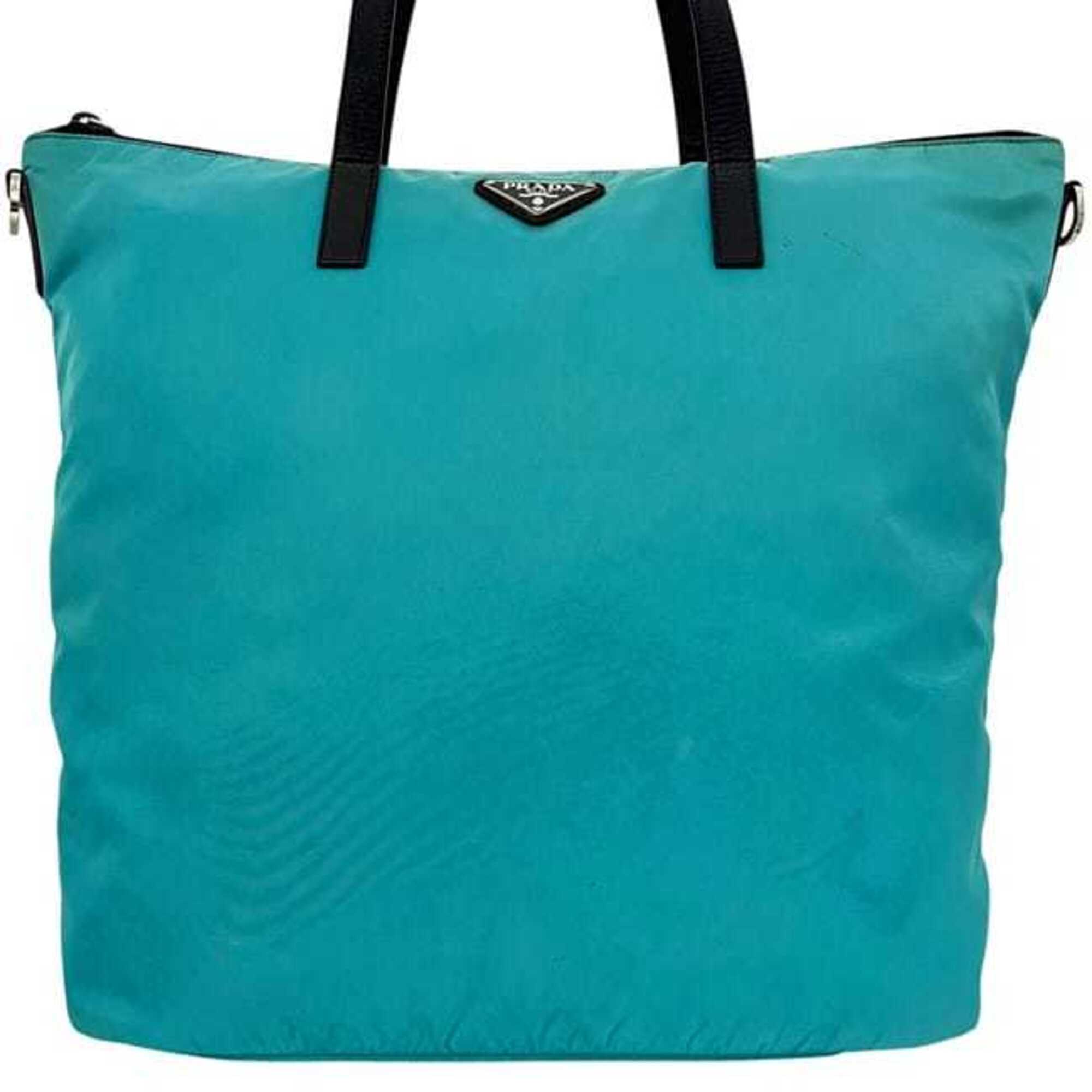 Prada Light Blue Nylon Leather Shoulder Bag Tote Bag (Pre-Owned)