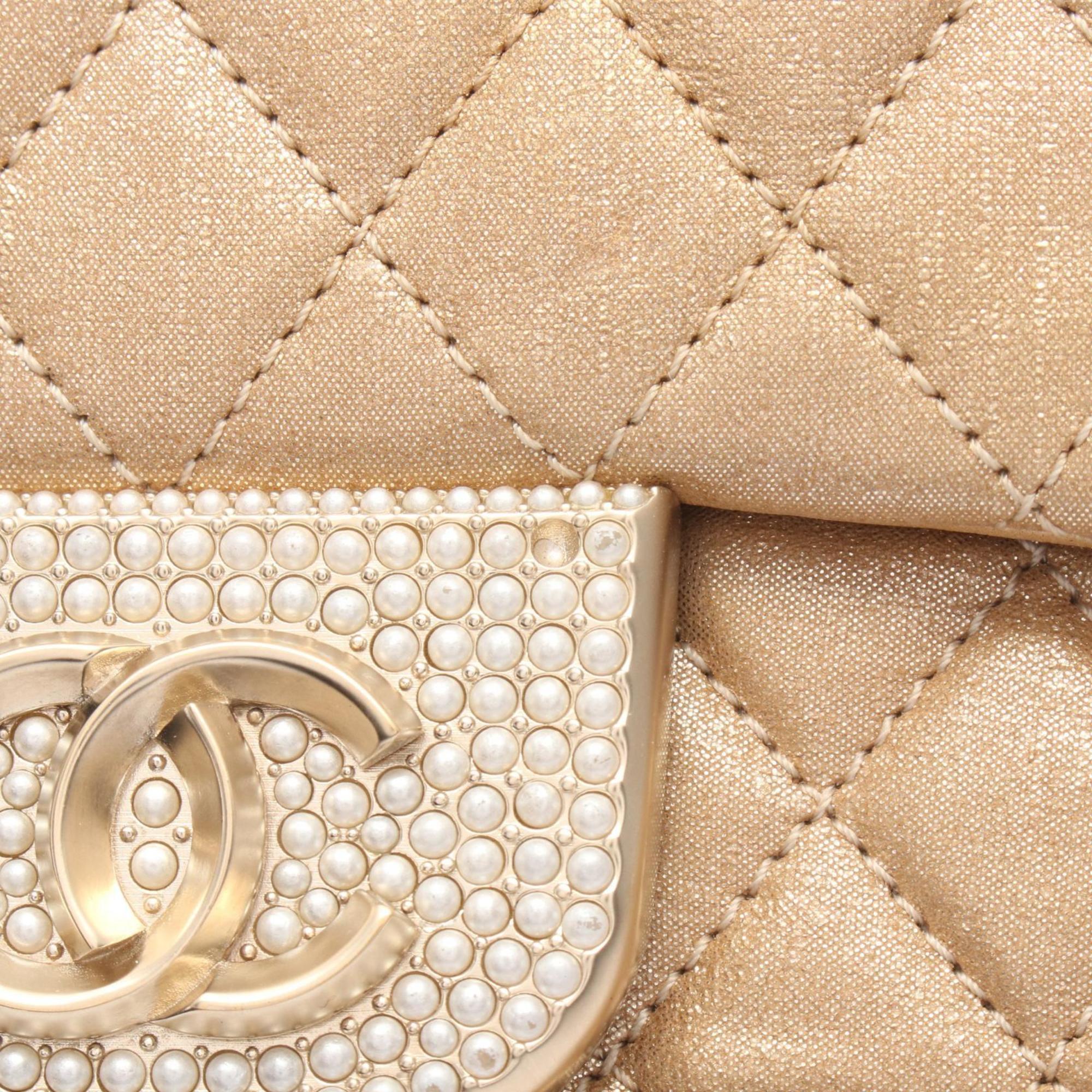 Chanel Beige Gold Gold Brown Fabric Leather Handbag Shoulder Bag (Pre-Owned)