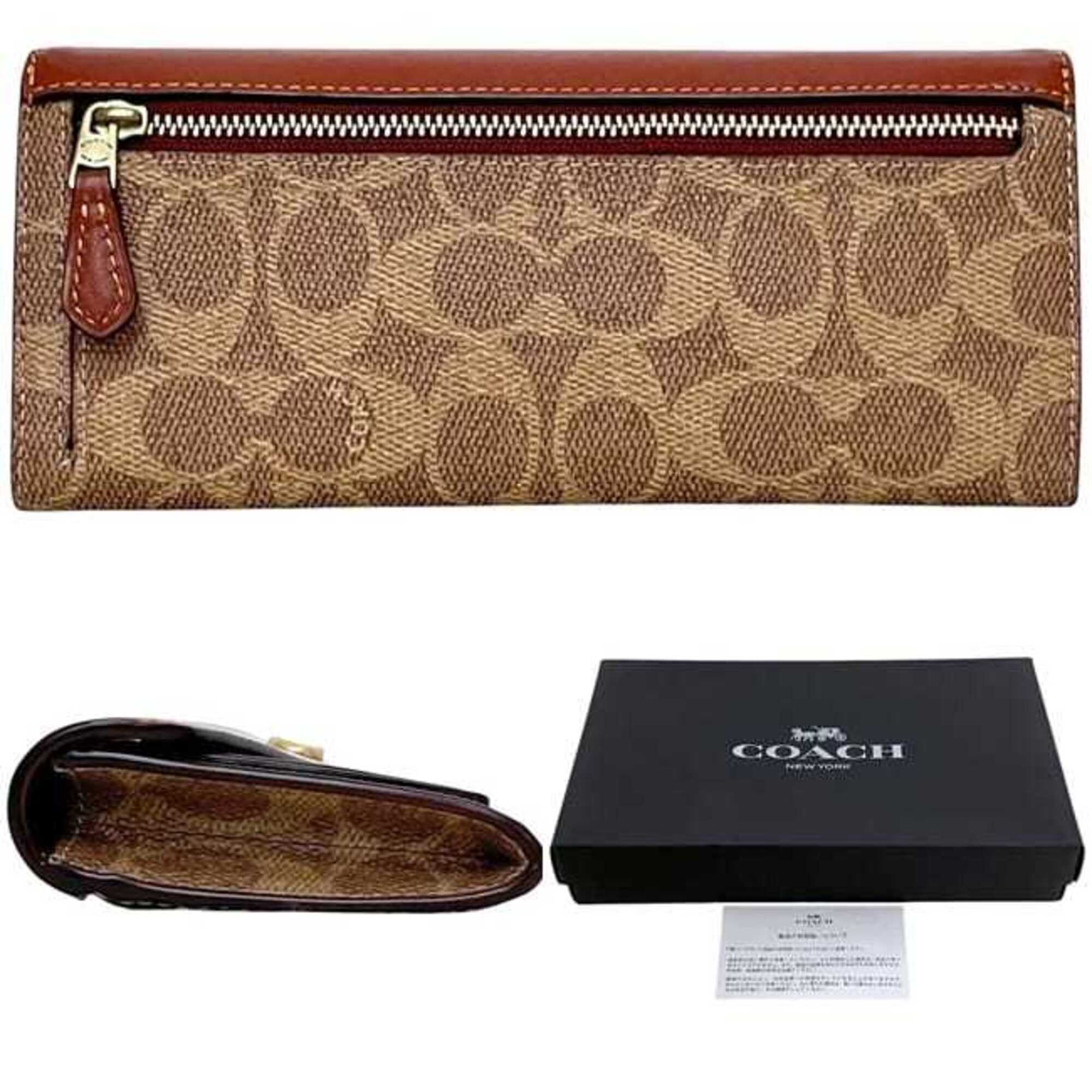 Coach Signature Beige Brown Signature Line Long Wallet (Bi-Fold) (Pre-Owned)