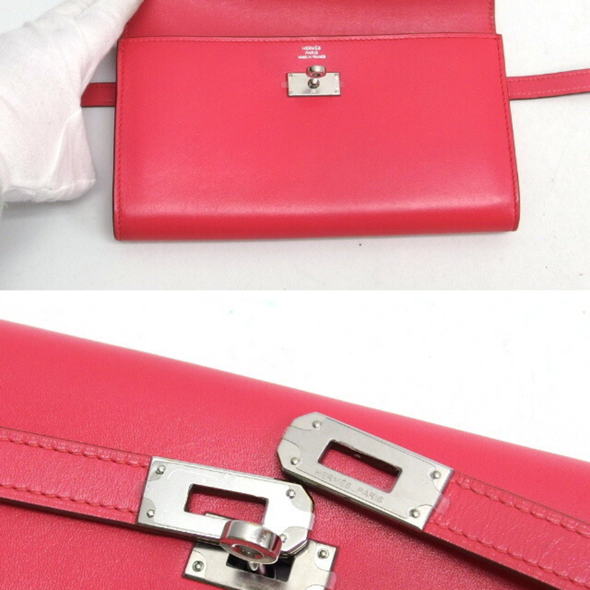 Hermes Pink Box Calf Leather Long Wallet (Bi-Fold) (Pre-Owned)