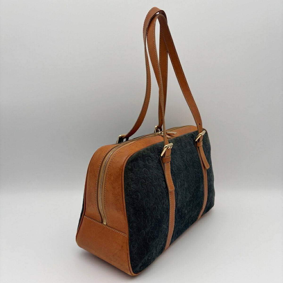 Celine Macadam Brown Navy Suede Leather Boston Bag (Pre-Owned)