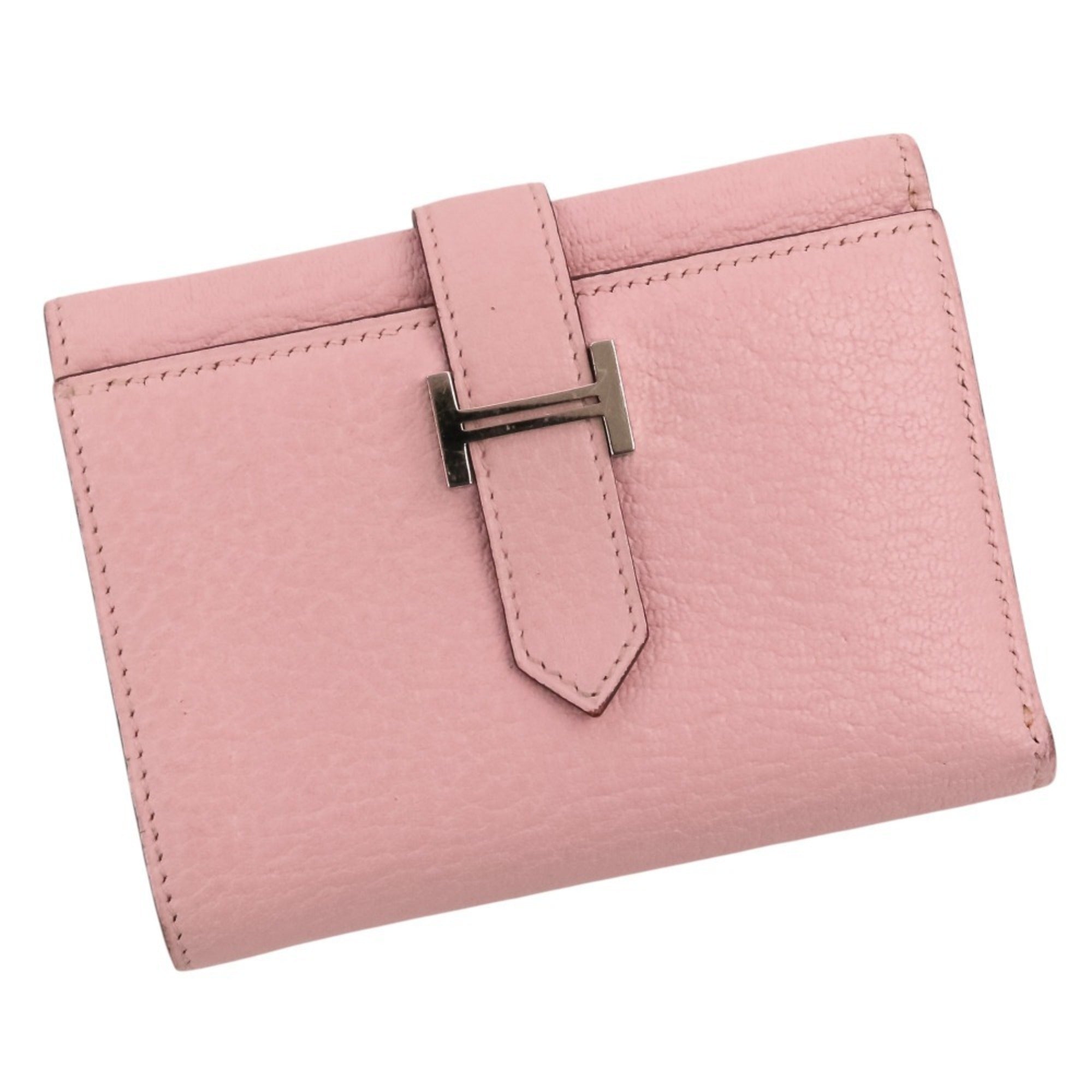 Hermes Black Pink Rose Sakura Chevre Leather Wallet (Tri-Fold) (Pre-Owned)
