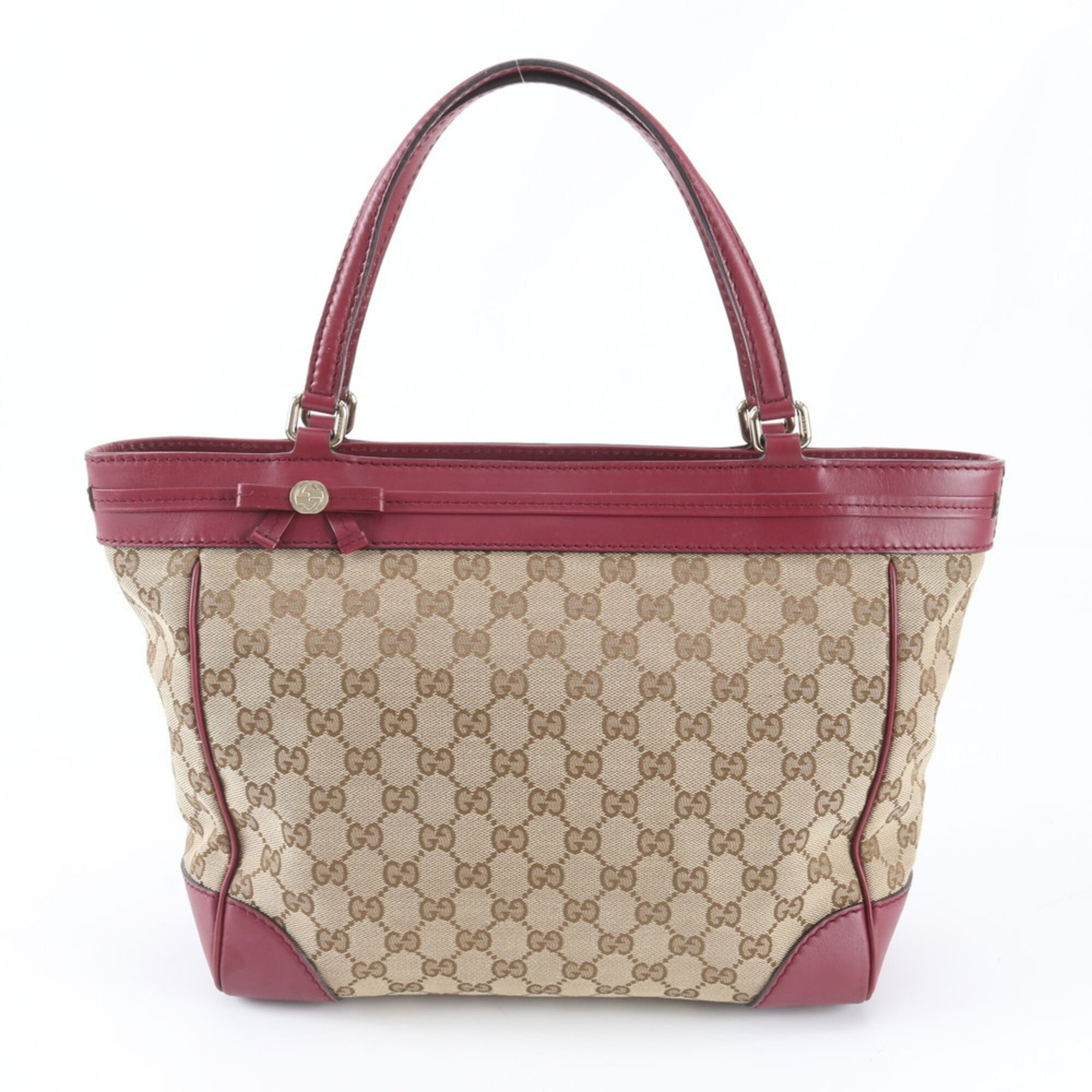 Gucci Beige Red Color Leather Canvas Shoulder Bag Tote Bag (Pre-Owned)