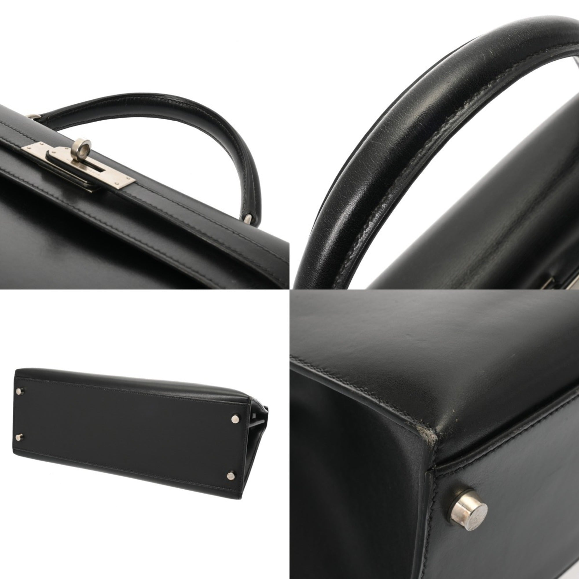 Hermes Kelly Black Matte Silver Box Calf Leather Shopping Bag (Pre-Owned)