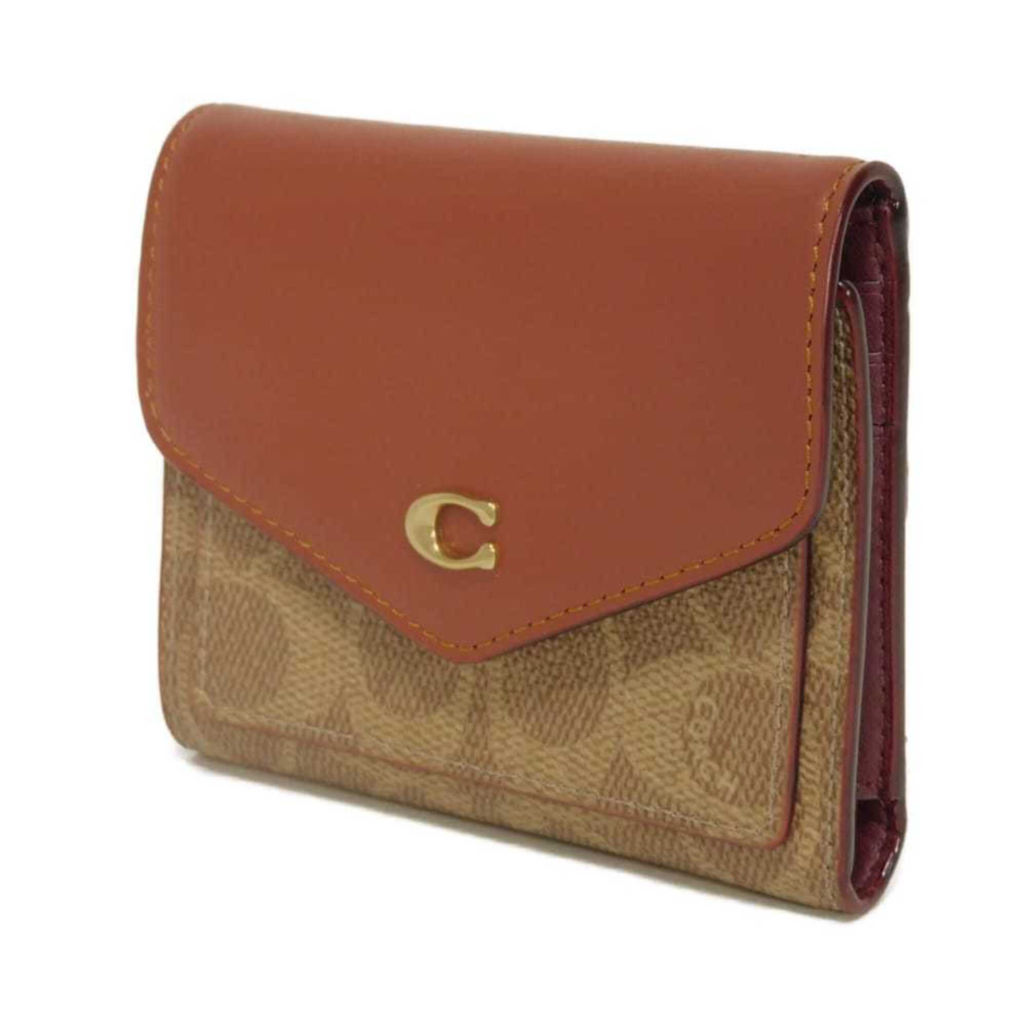 Coach Signature Beige Signature Line Coated Canvas Leather Wallet (Tri-Fold) (Pre-Owned)