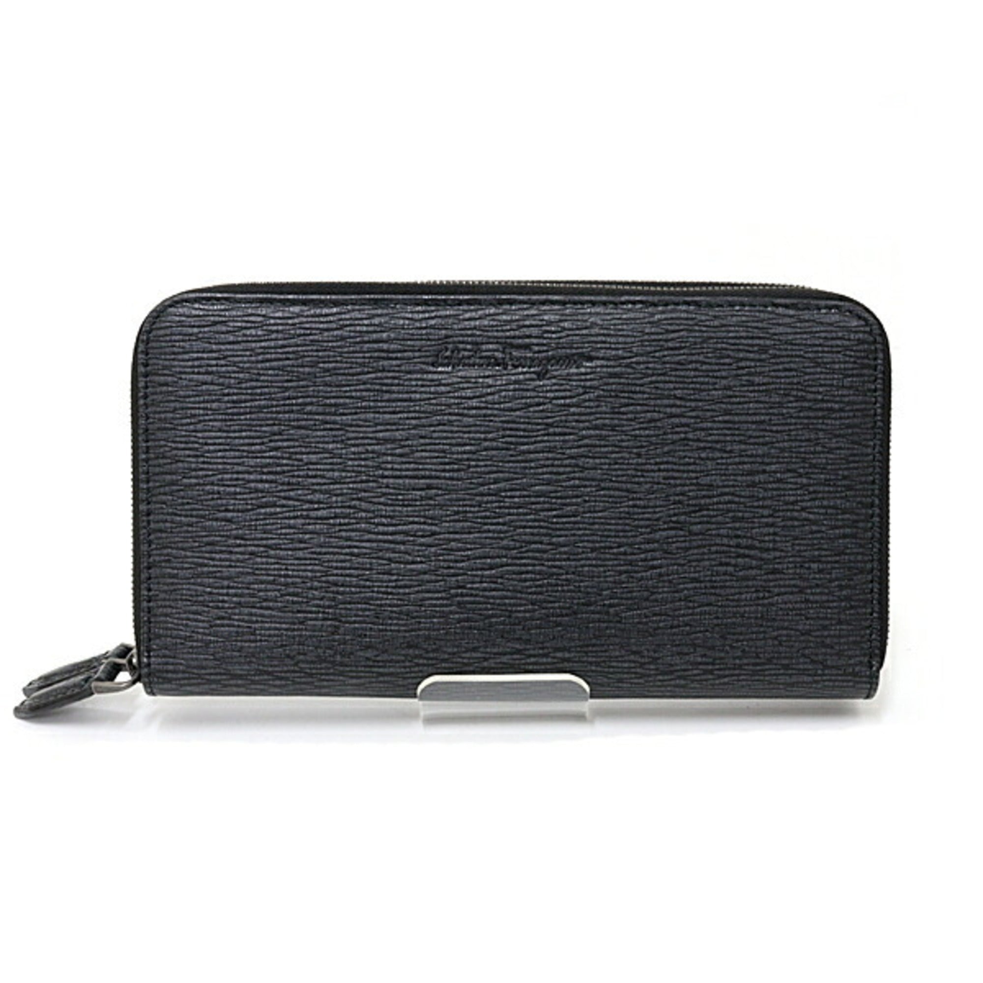 Salvatore Ferragamo Black Gray Leather Long Wallet (Bi-Fold) (Pre-Owned)