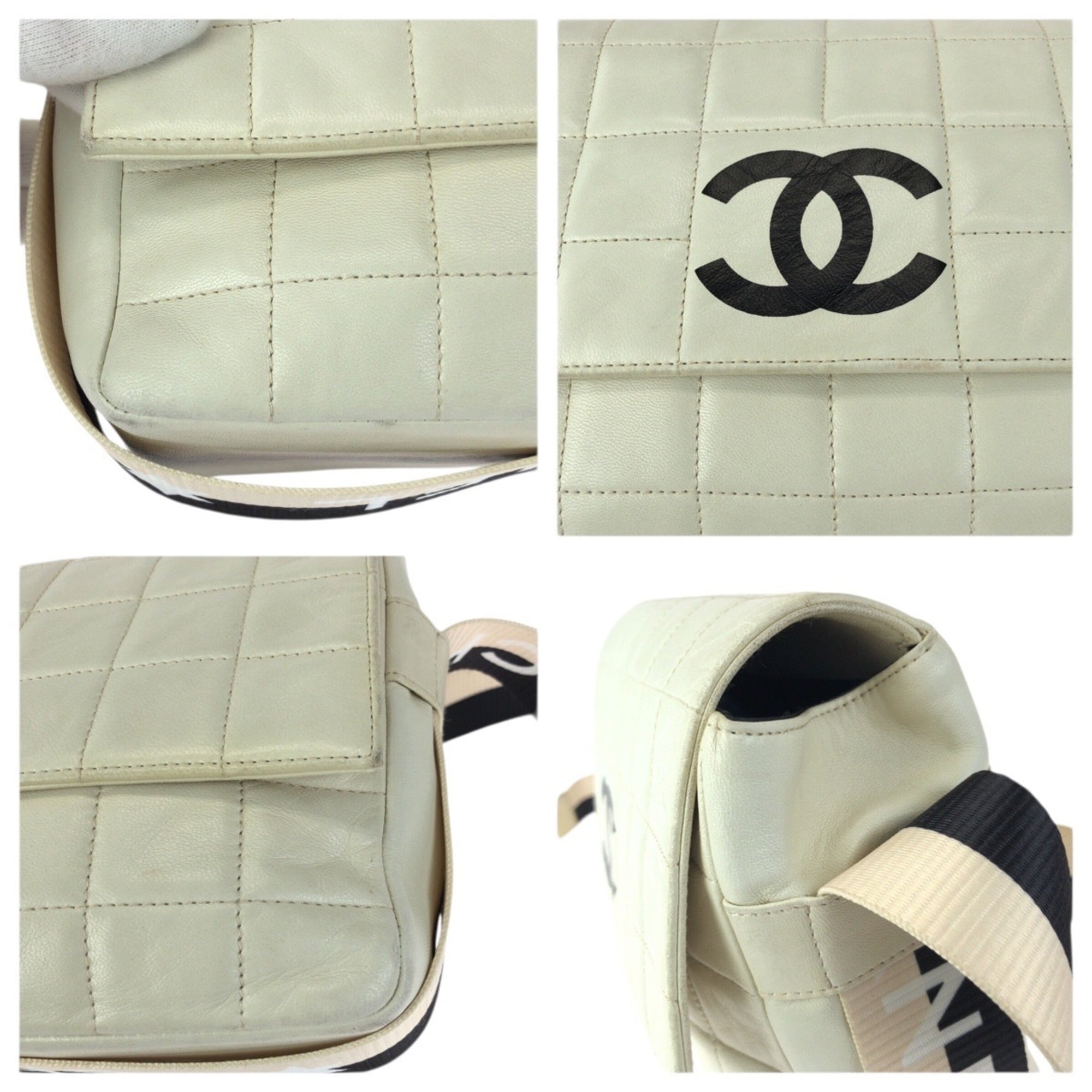 Chanel Black Off-White Leather Messenger Bag Shoulder Bag (Pre-Owned)