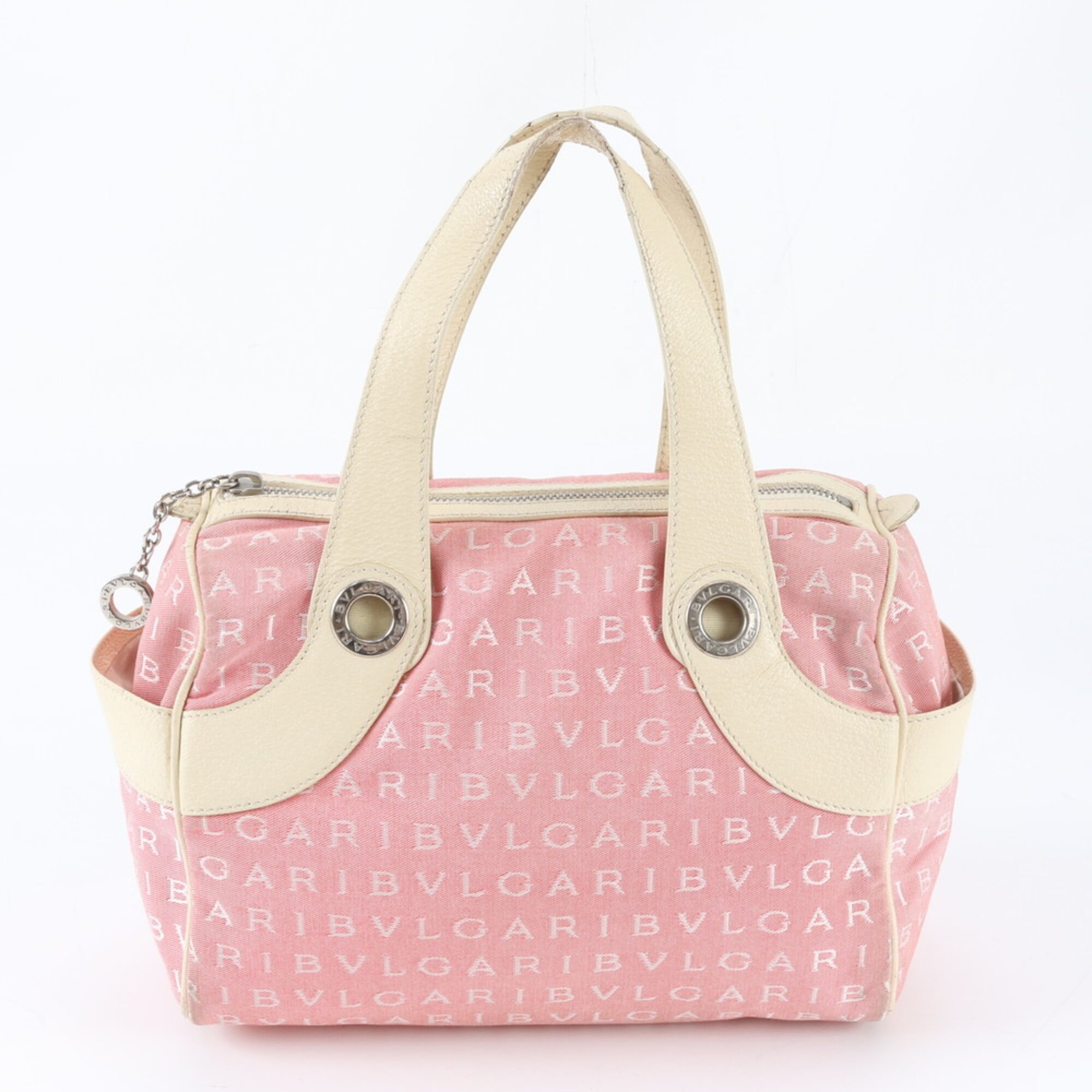 Bvlgari Logomania Beige Pink Canvas Leather Handbag (Pre-Owned)