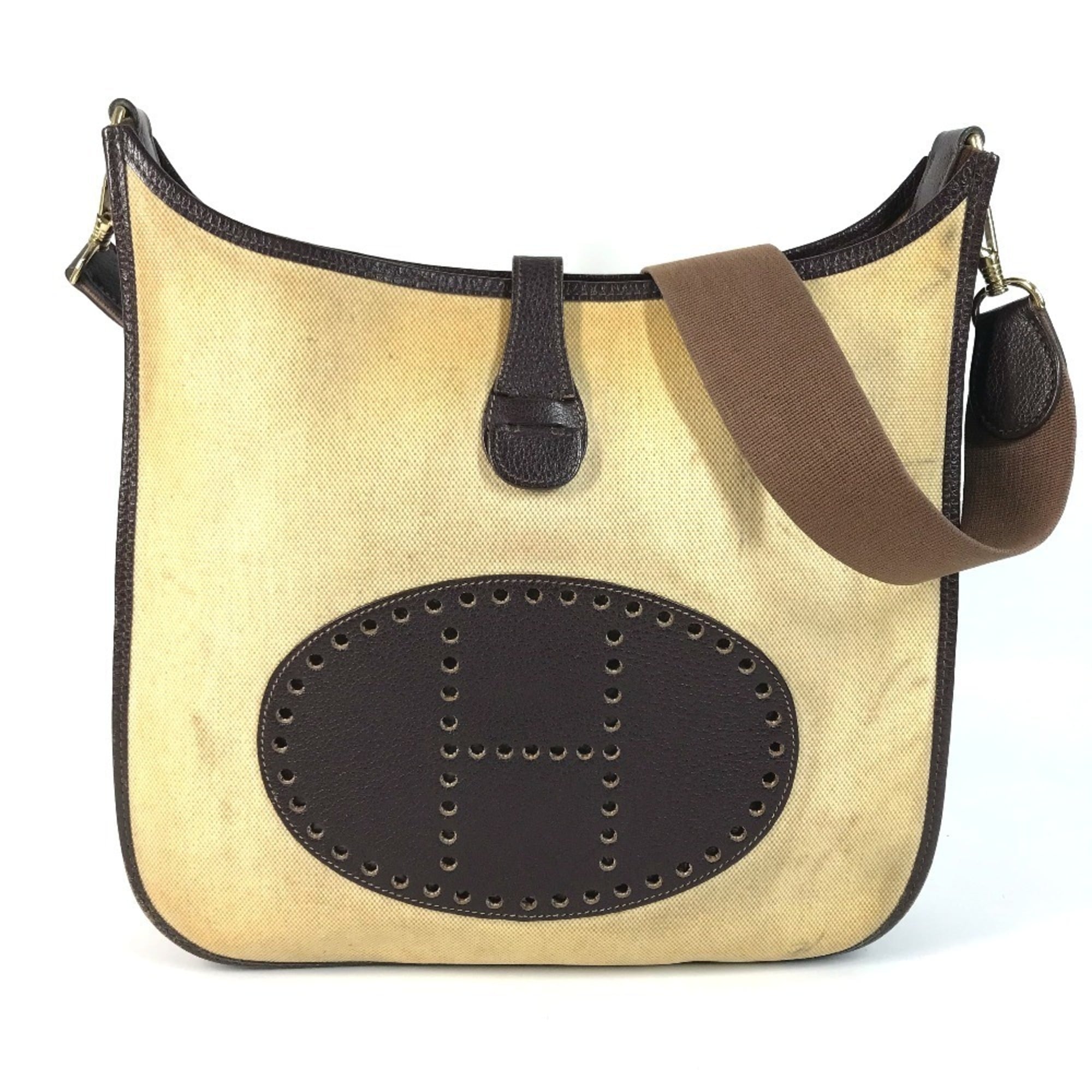 Hermes Beige Brown Yellow Leather Coated Canvas Shoulder Bag (Pre-Owned)