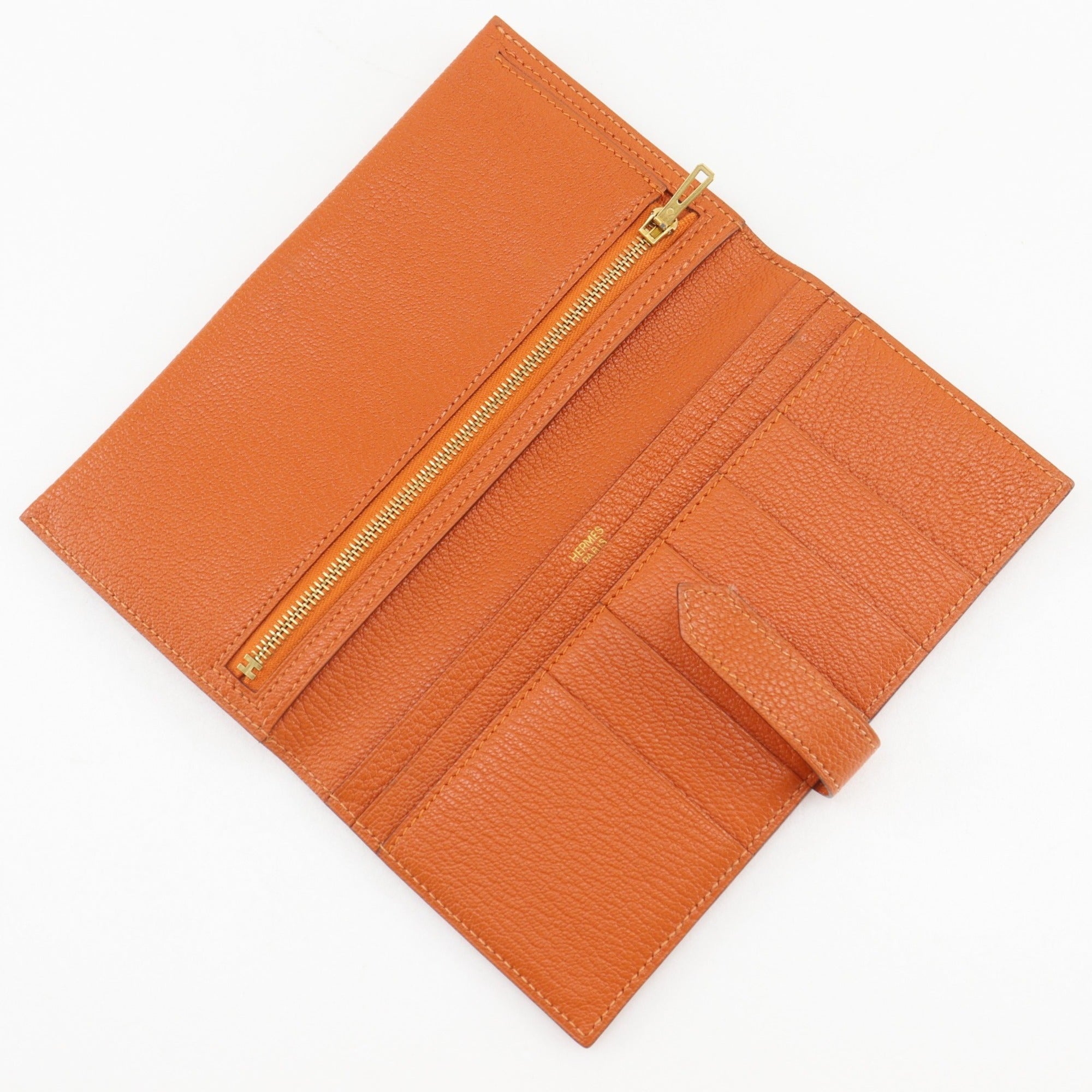 Hermes Orange Chevre Leather Long Wallet (Bi-Fold) (Pre-Owned)