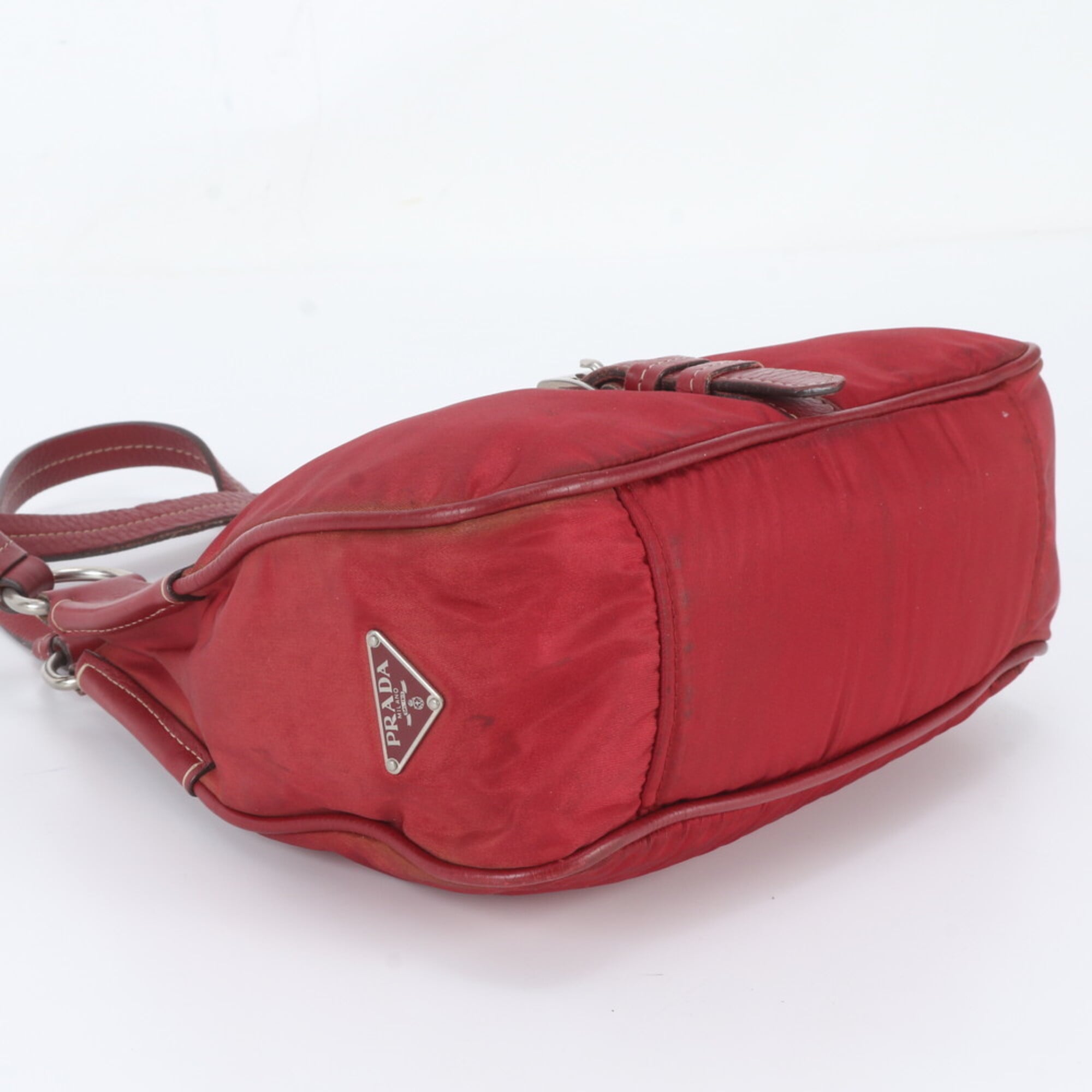 Prada Red Color Leather Nylon Handbag Shoulder Bag Tote Bag (Pre-Owned)