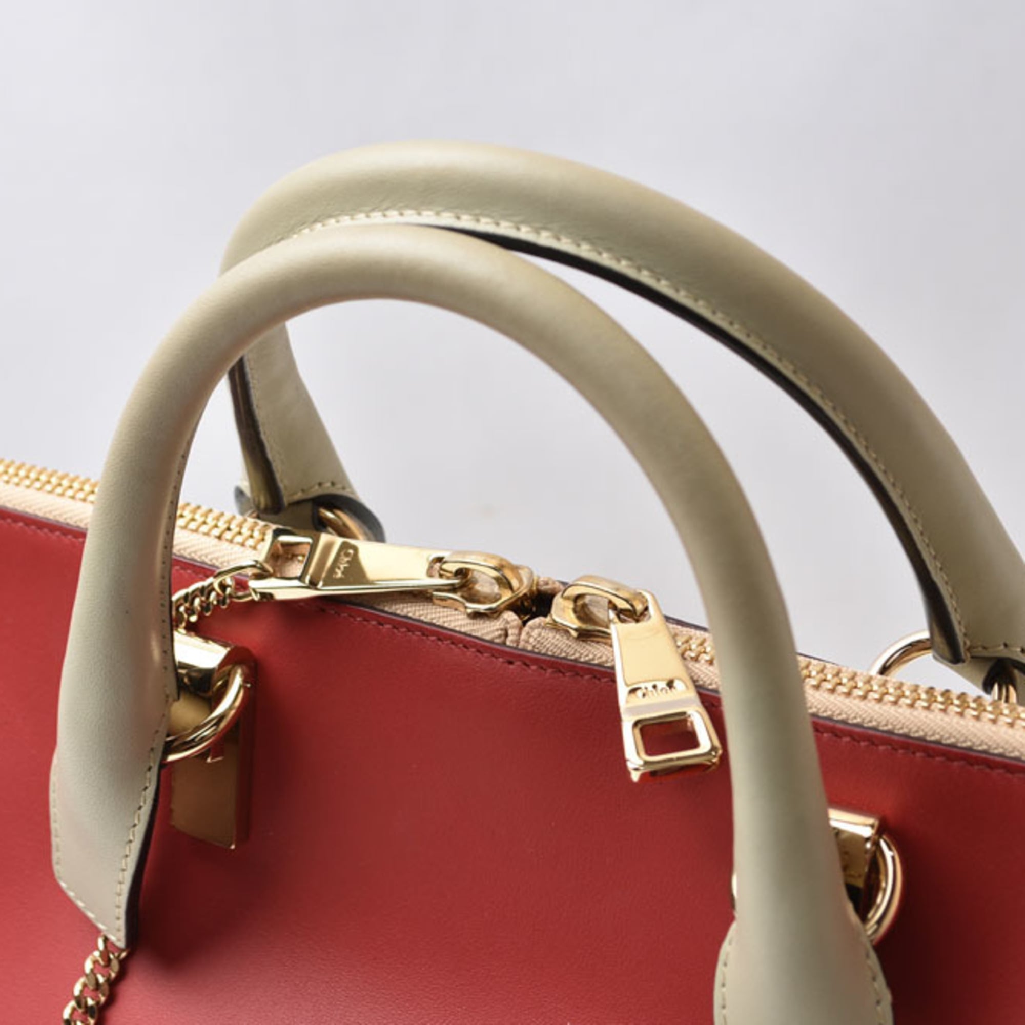 Chloé Beige Red Color Leather Handbag Tote Bag (Pre-Owned)