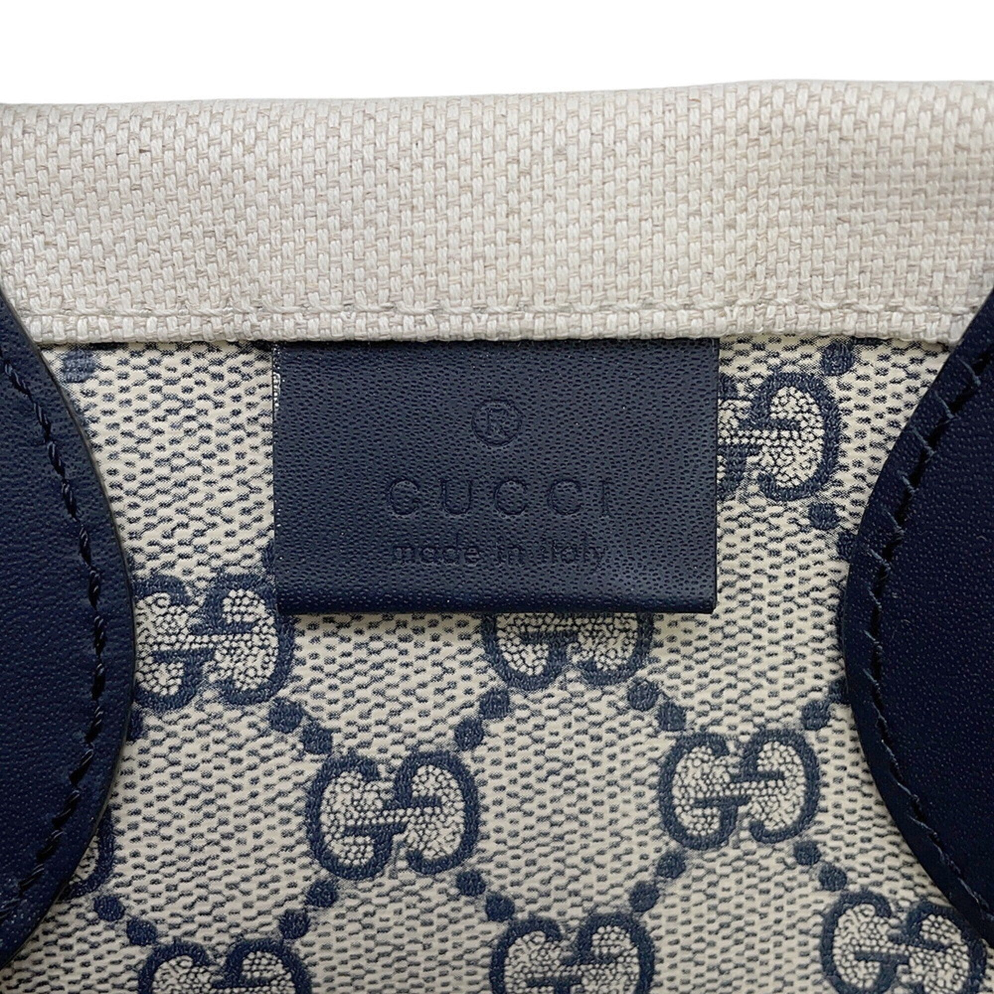 Gucci Beige Navy Canvas Leather Handbag Shoulder Bag (Pre-Owned)