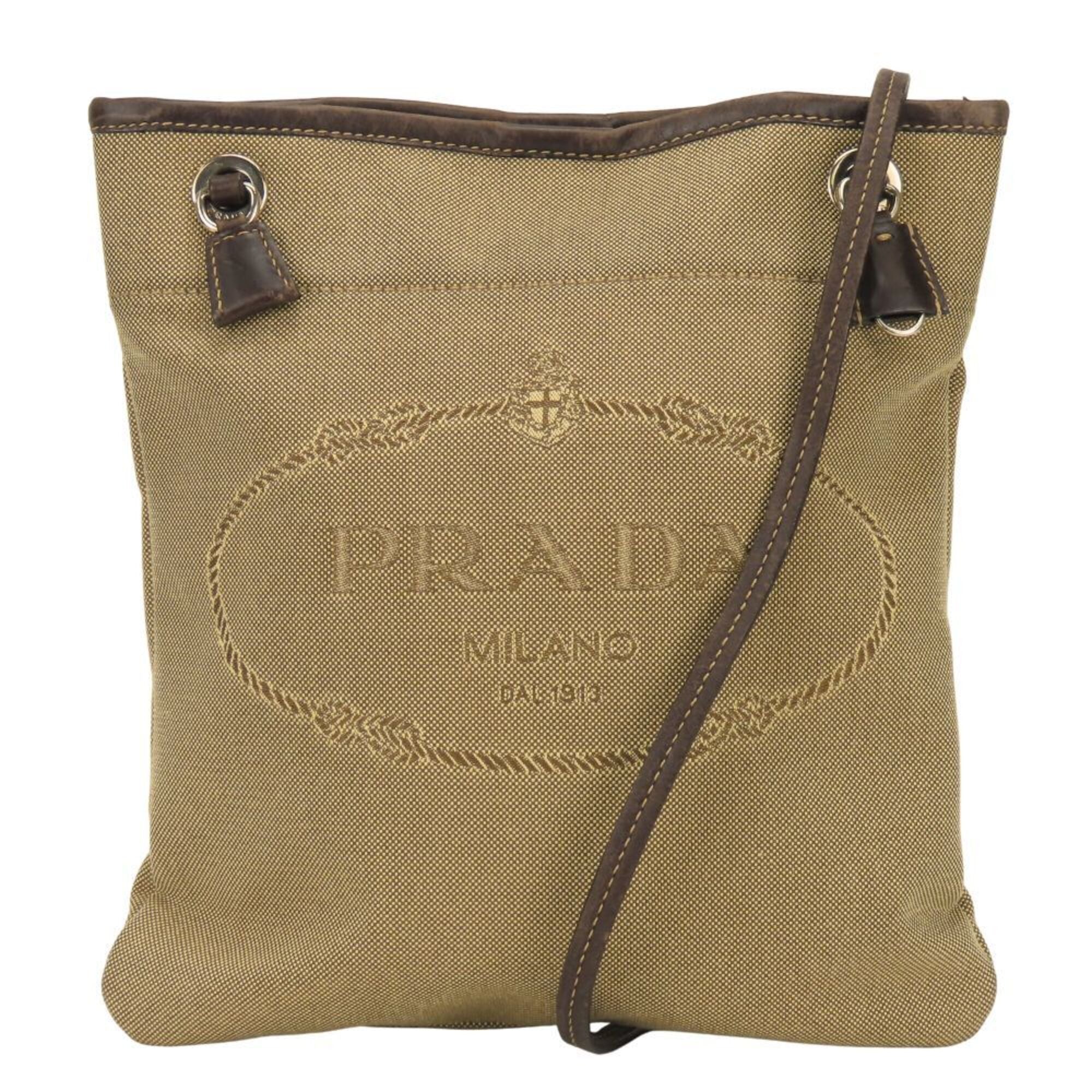 Prada Beige Brown Canvas Leather Shoulder Bag (Pre-Owned)