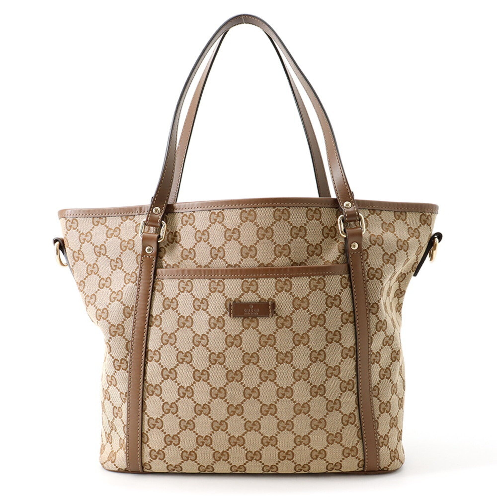 Gucci Gg Canvas Beige Brown Gg Canvas Leather Tote Bag (Pre-Owned)